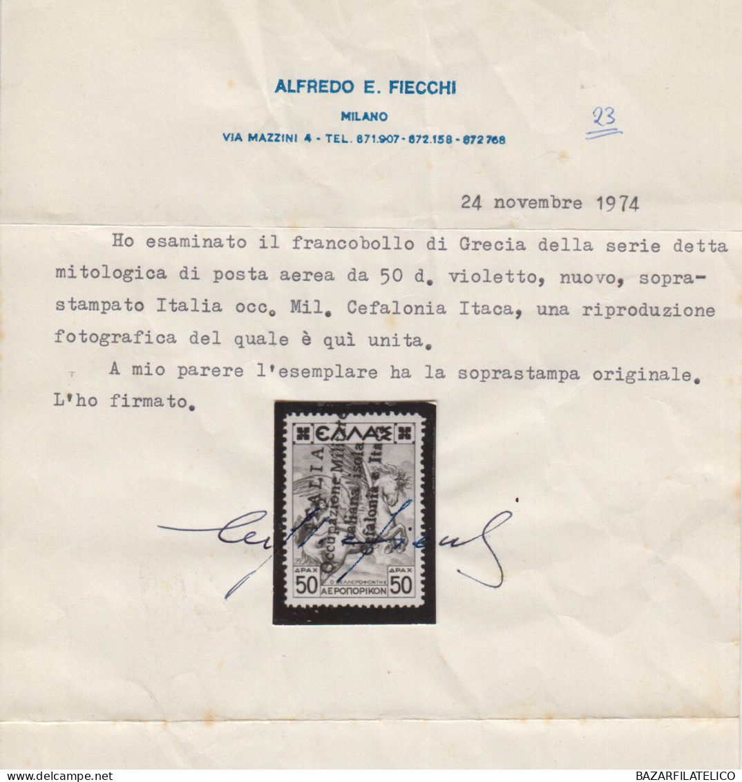 CEFALONIA E ITACA 1941 POSTA AEREA 50 D. N.22 G.I MNH** 2 CERT. RARITA' - Cefalonia & Itaca