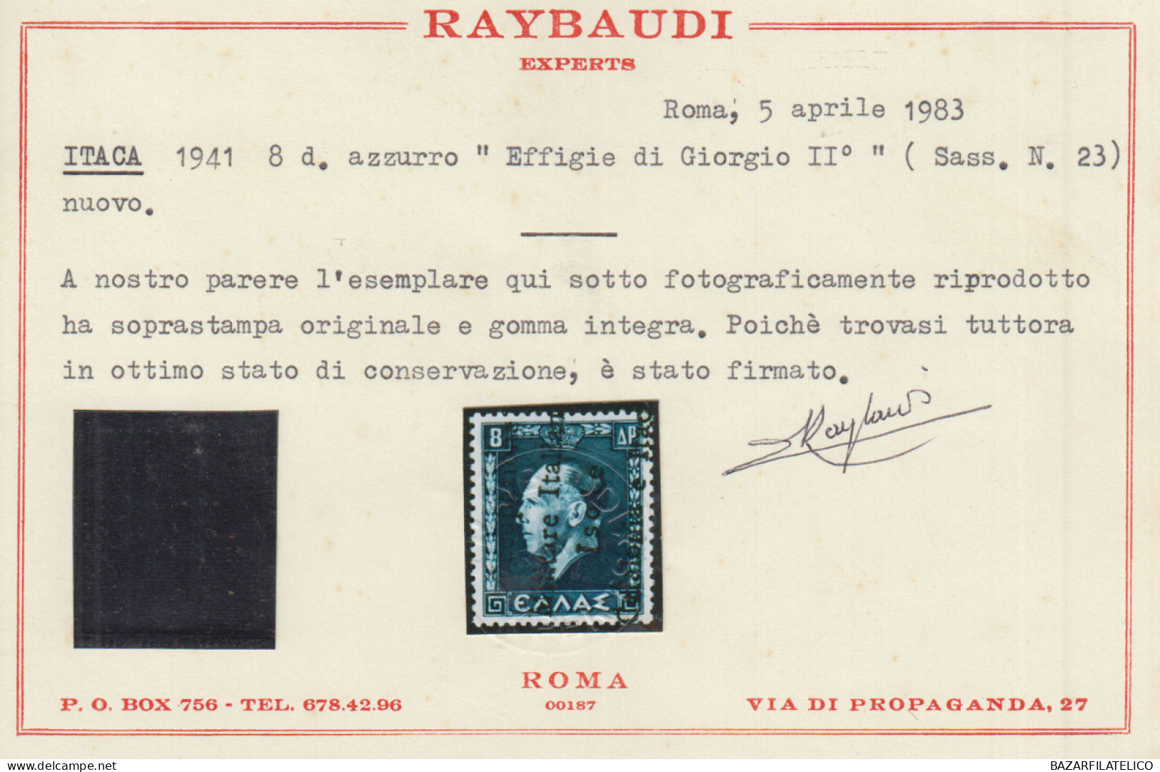 OCCUPAZIONI ITACA 1937 GIORGIO II 8 D. "O" GRANDE N.23 G.I MNH** CERT. RARITA' - Cefalonia & Itaca