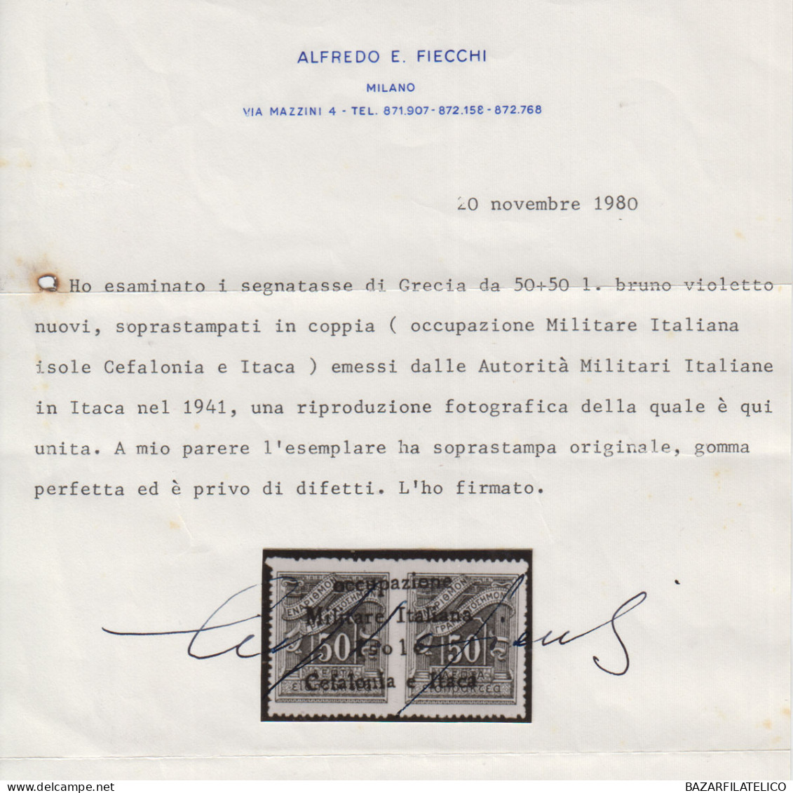 OCCUPAZIONI ITACA 1941 SEGNATASSE 50 + 5 D. N.3 G.I MNH** 2 CERT. GRANDE RARITA' - Cefalonia & Itaca
