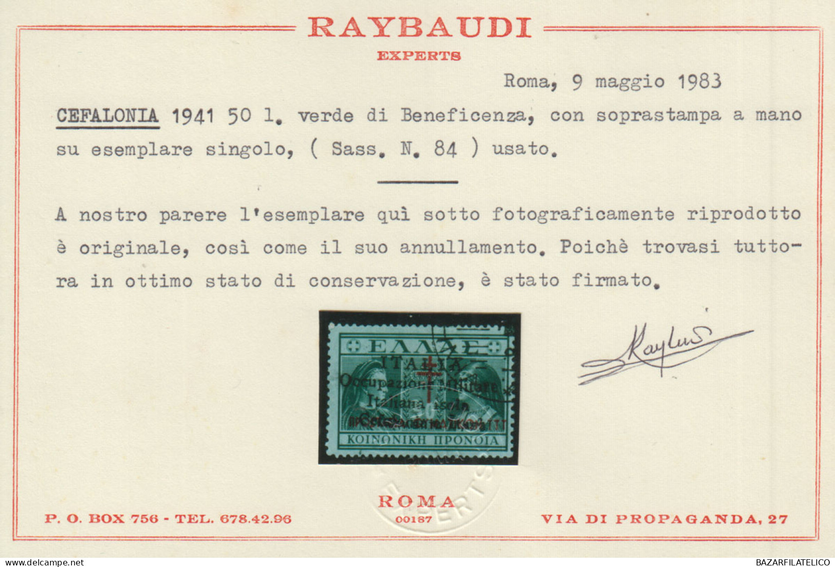 CEFALONIA E ITACA 1940 BENEFICENZA 50 L. N.84 USATO CERT. - Cefalonia & Itaca