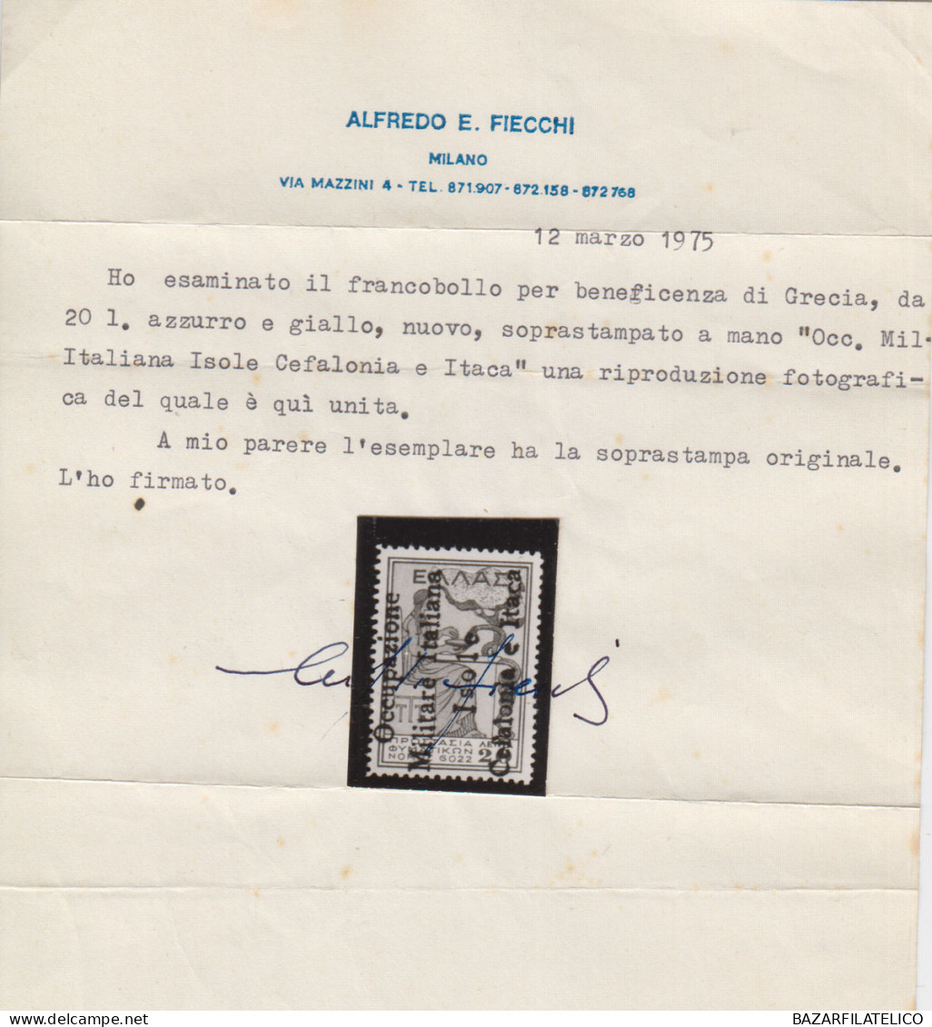 OCCUPAZIONI ITACA 1939 BENEFICENZA 20 L. N.47 "O" MAIUSCOLA G.I MNH** CERT. - Cefalonia & Itaca