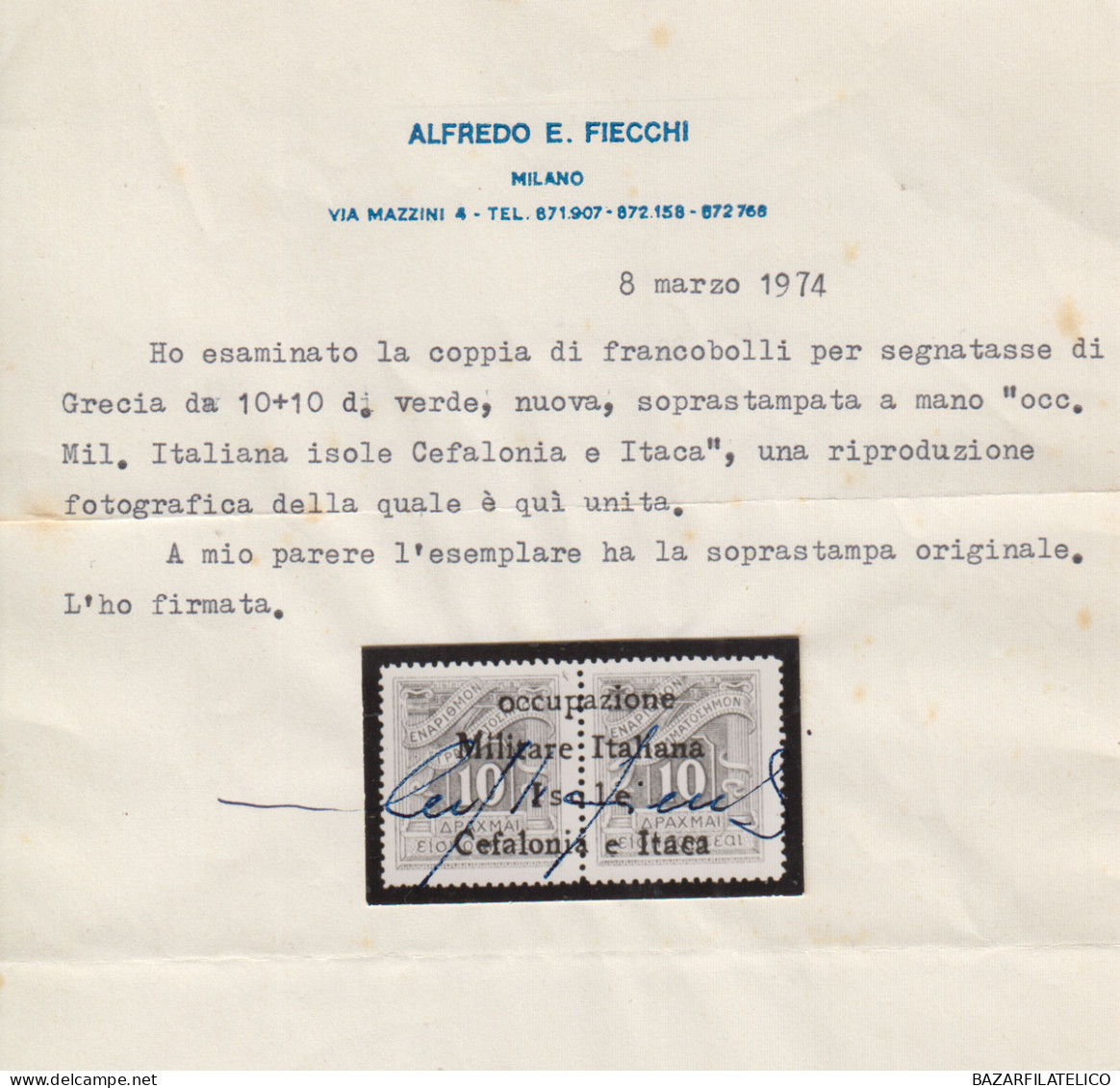 OCCUPAZIONI ITACA 1941 SEGNATASSE 10 + 10 D. N.7 G.I MNH** CERT. RARITA' - Cefalonia & Itaca