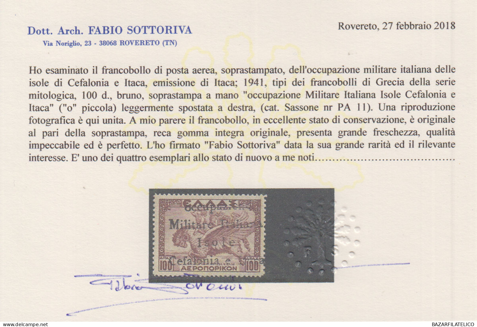 OCCUPAZIONI ITACA 1941 POSTA AEREA 100 D. N.11 G.I MNH** 2 CERT. RARITA' - Cefalonia & Itaca