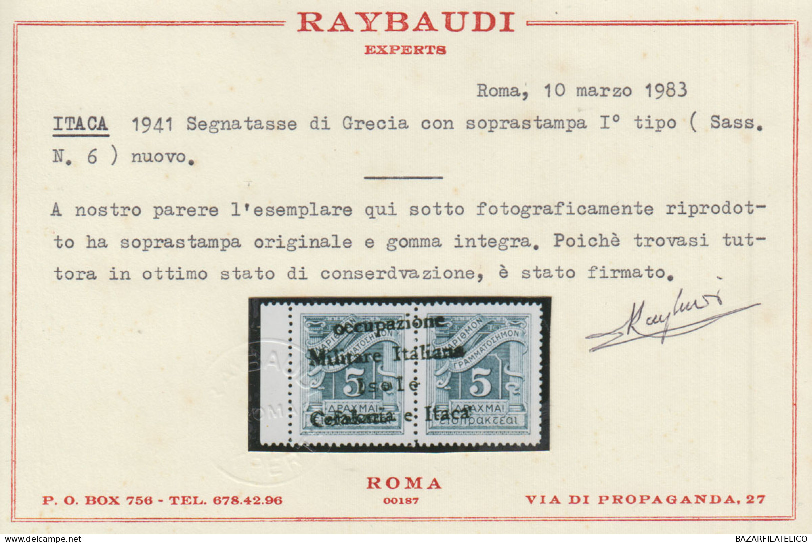 OCCUPAZIONI ITACA 1941 SEGNATASSE 5 + 5 D. N.6 G.I MNH** 2 CERT.  GRANDE RARITA' - Cefalonia & Itaca