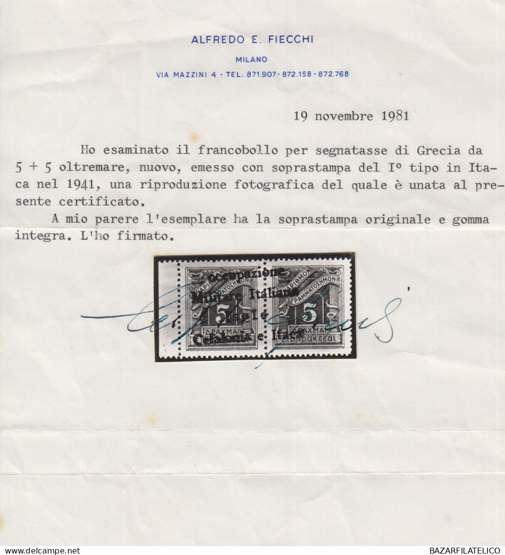 OCCUPAZIONI ITACA 1941 SEGNATASSE 5 + 5 D. N.6 G.I MNH** 2 CERT.  GRANDE RARITA' - Cefalonia & Itaca