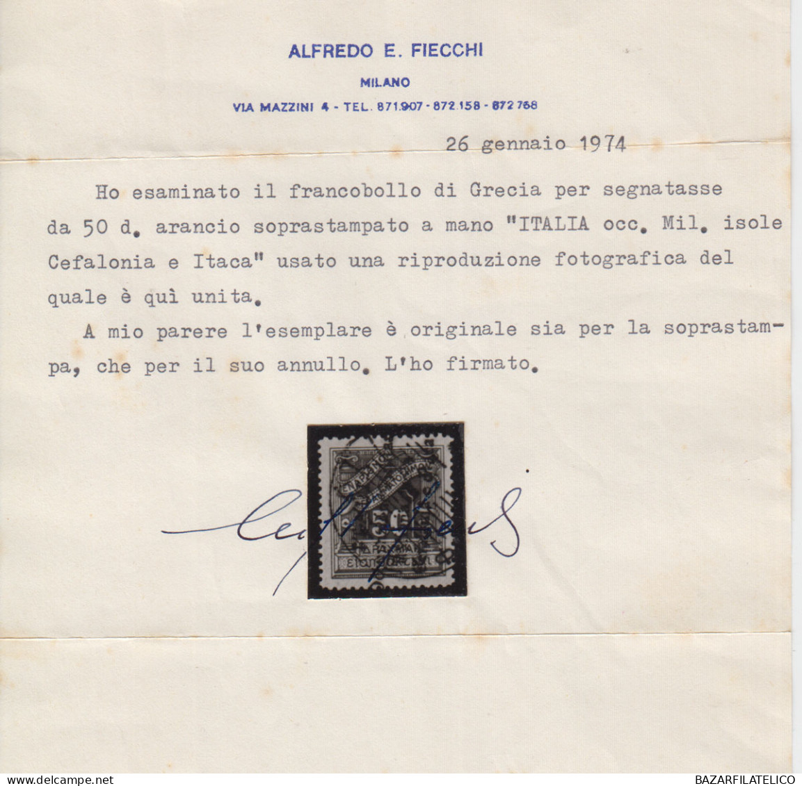 OCCUPAZIONI CEFALONIA E ITACA 1941 SEGNATASSE 50 D. N.11 USATO CERT. RARITA' - Cefalonia & Itaca