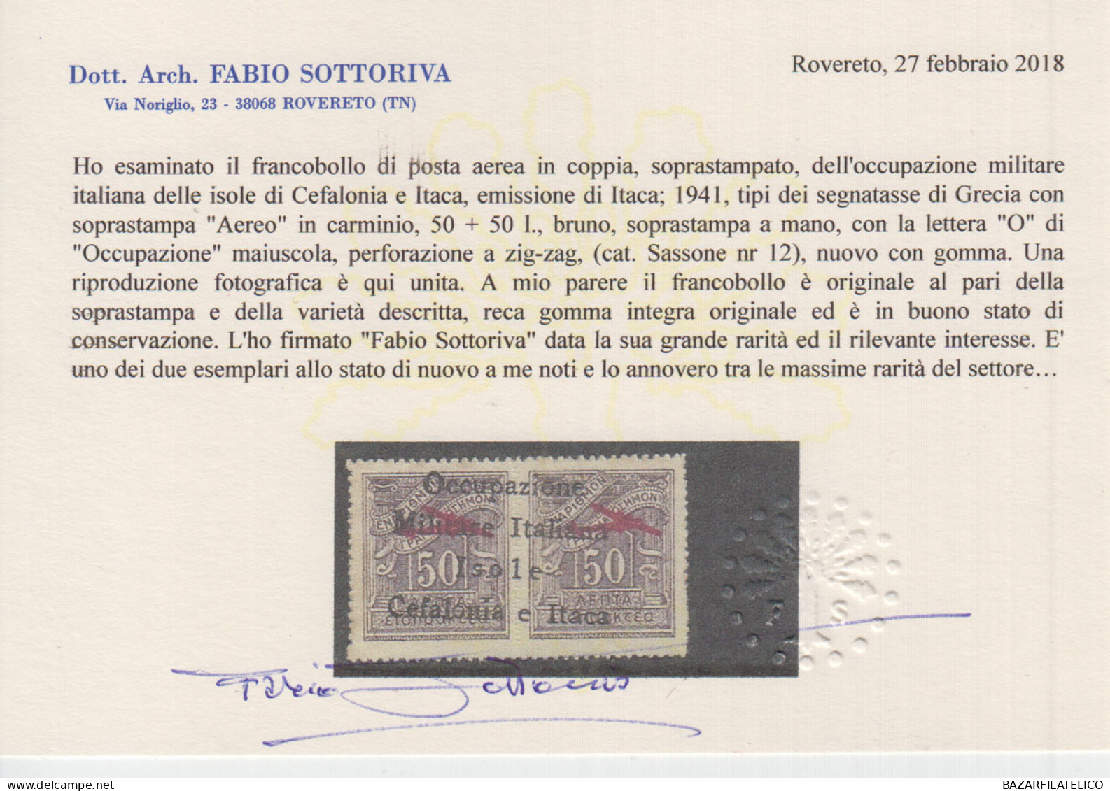 OCCUPAZIONI ITACA 1941 POSTA AEREA 50 + 50 L. N.12 "O" MAIUSCOLA G.I MNH** CERT. - Cefalonia & Itaca