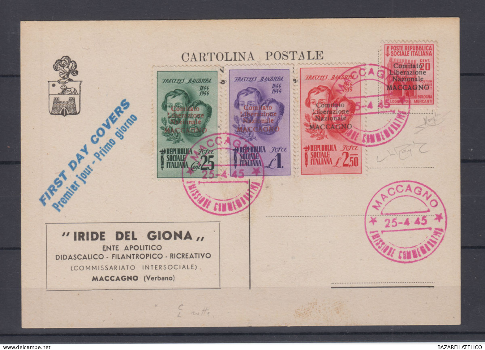 C.L.N MACCAGNO 1945 FRATELLI BANDIERA + 20 CENT. NON EMESSO SU CARTOLINA CERT. - National Liberation Committee (CLN)