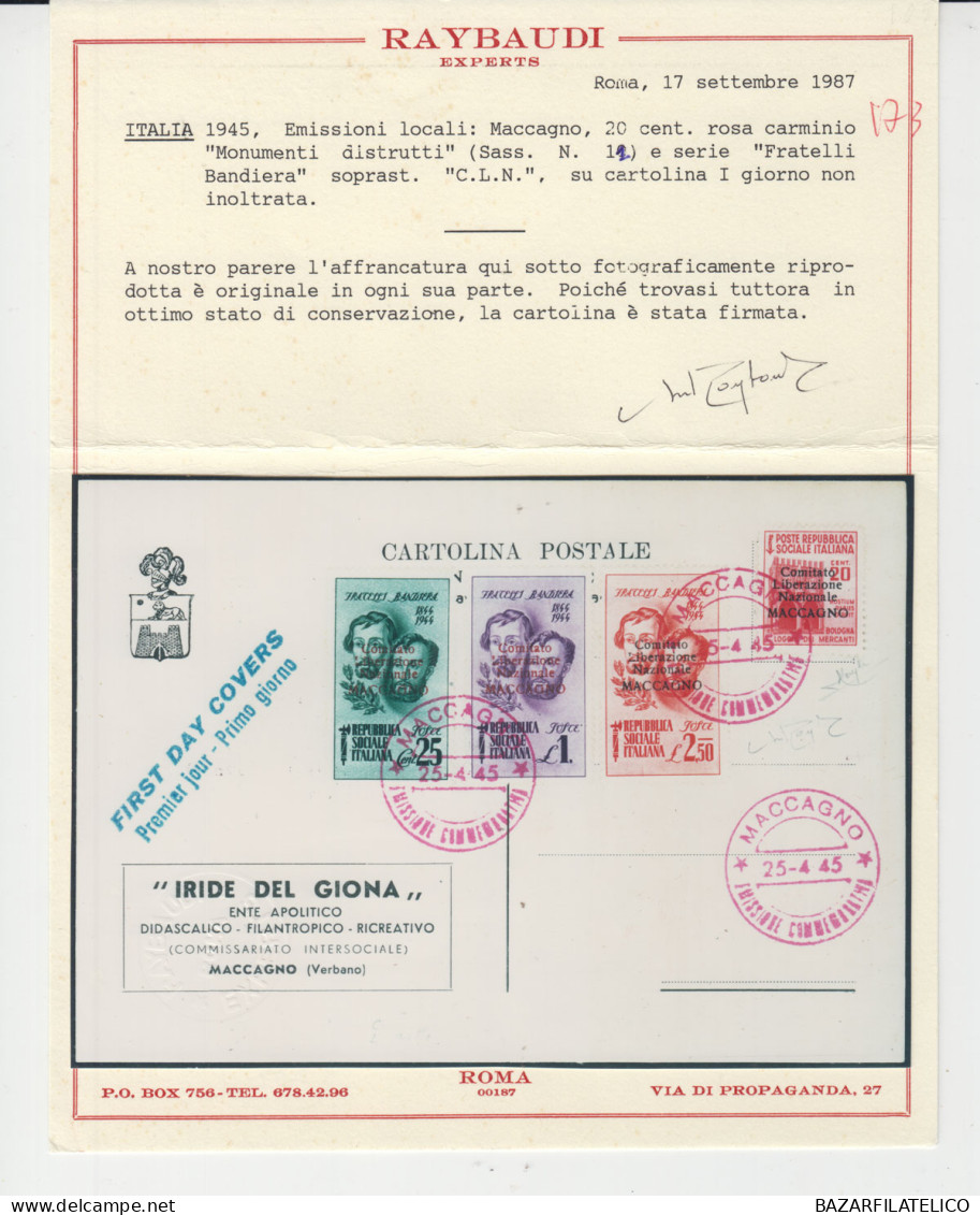 C.L.N MACCAGNO 1945 FRATELLI BANDIERA + 20 CENT. NON EMESSO SU CARTOLINA CERT. - Nationales Befreiungskomitee