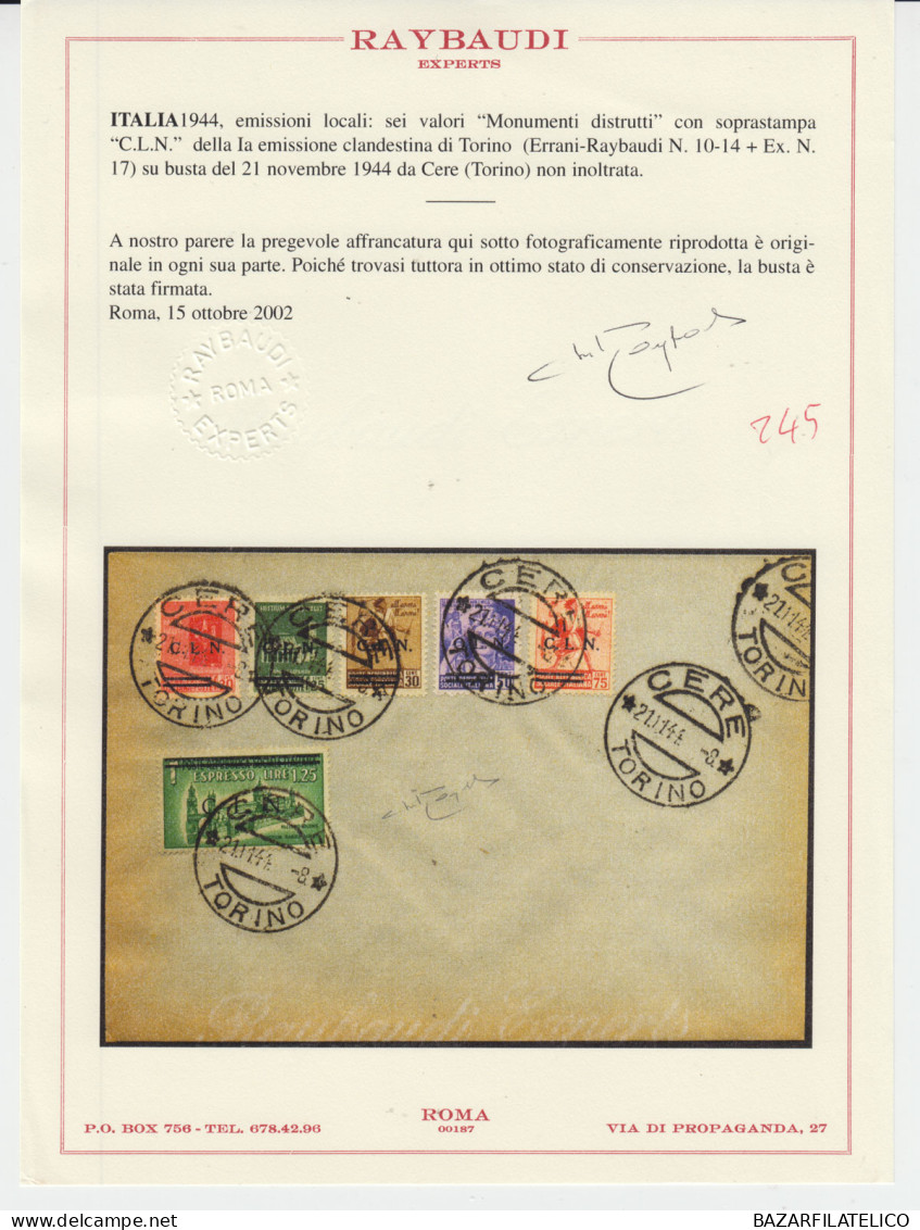 C.L.N TORINO 1944 EMISSIONE CLANDESTINA 6 VALORI SU BUSTA CERT. CLN - Comite De Liberación Nacional (CLN)