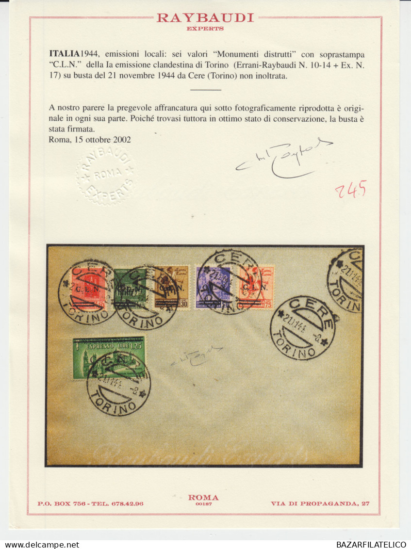 C.L.N TORINO 1944 EMISSIONE CLANDESTINA 6 VALORI SU BUSTA CERT. CLN - Comité De Libération Nationale (CLN)