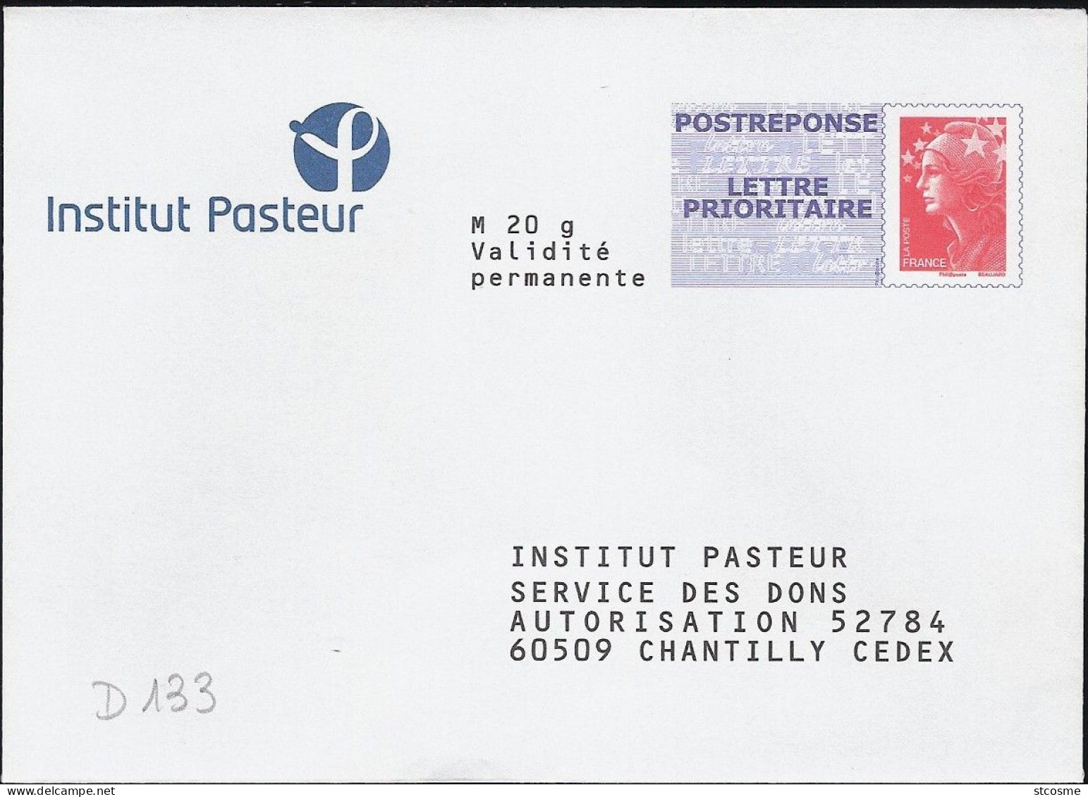 D0133-B - Entier / Stationery / PSE - PAP Réponse Beaujard - Institut Pasteur - Agrément 10P497 - Listos Para Enviar: Respuesta /Beaujard