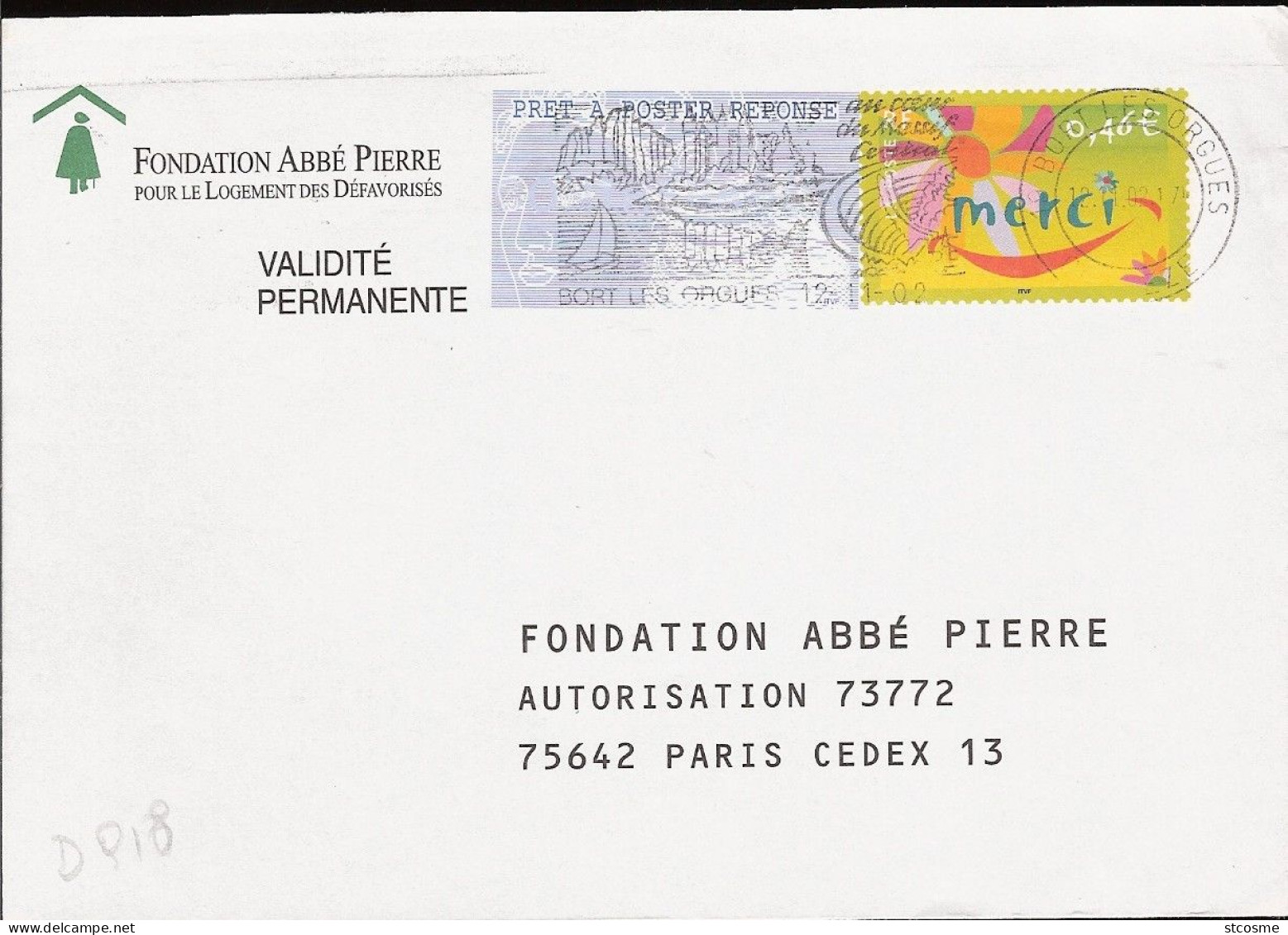 D0918 - Entier / Stationery / PSE - PAP Réponse Merci - Fondation Abbé Pierre - (pas De Numéro D'agrément) - PAP: Antwort
