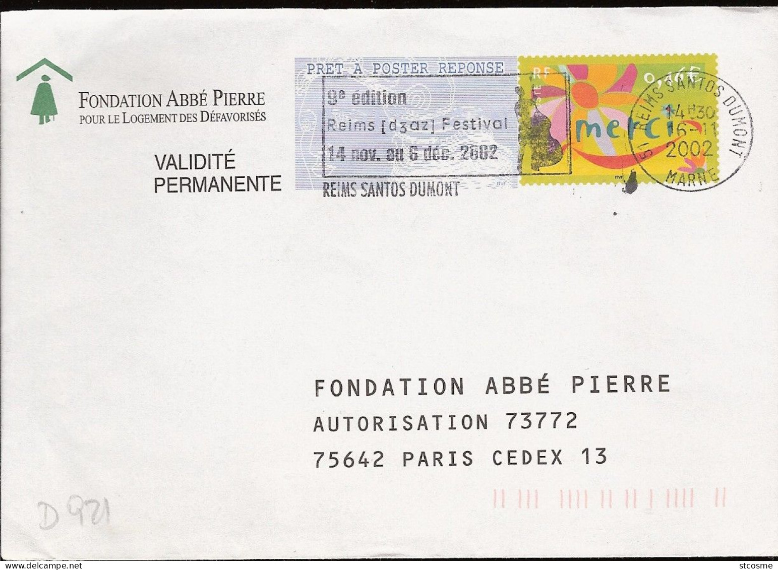 D0921 - Entier / Stationery / PSE - PAP Réponse Merci - Fondation Abbé Pierre - (pas De Numéro D'agrément) - Prêts-à-poster: Réponse