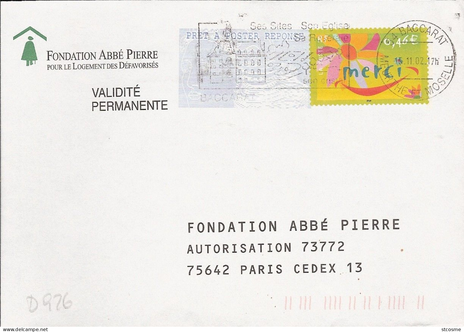 D0926 - Entier / Stationery / PSE - PAP Réponse Merci - Fondation Abbé Pierre - (pas De Numéro D'agrément) - PAP: Antwort