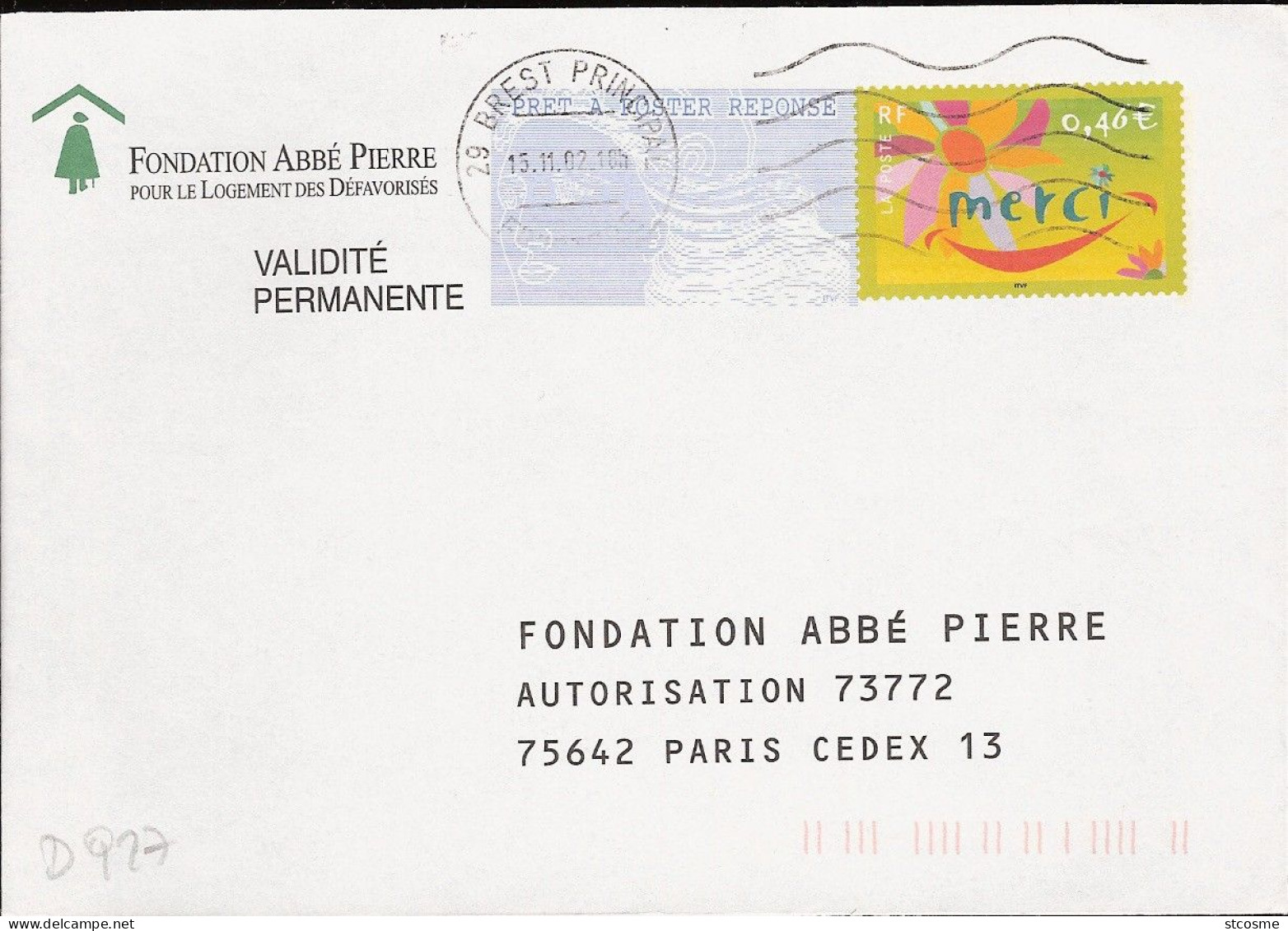 D0927 - Entier / Stationery / PSE - PAP Réponse Merci - Fondation Abbé Pierre - (pas De Numéro D'agrément) - Listos A Ser Enviados: Respuesta