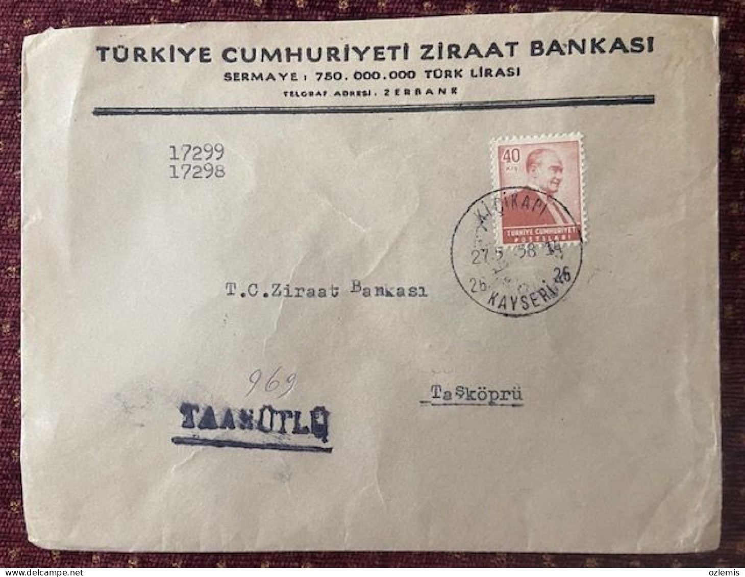 TURKEY,TURKEI,TURQUIE ,TURKIYE CUMHURIYETI  ZIRAAT BANKASI ,KAYSERI TO TASKOPRU ,1958 ,COVER - Brieven En Documenten