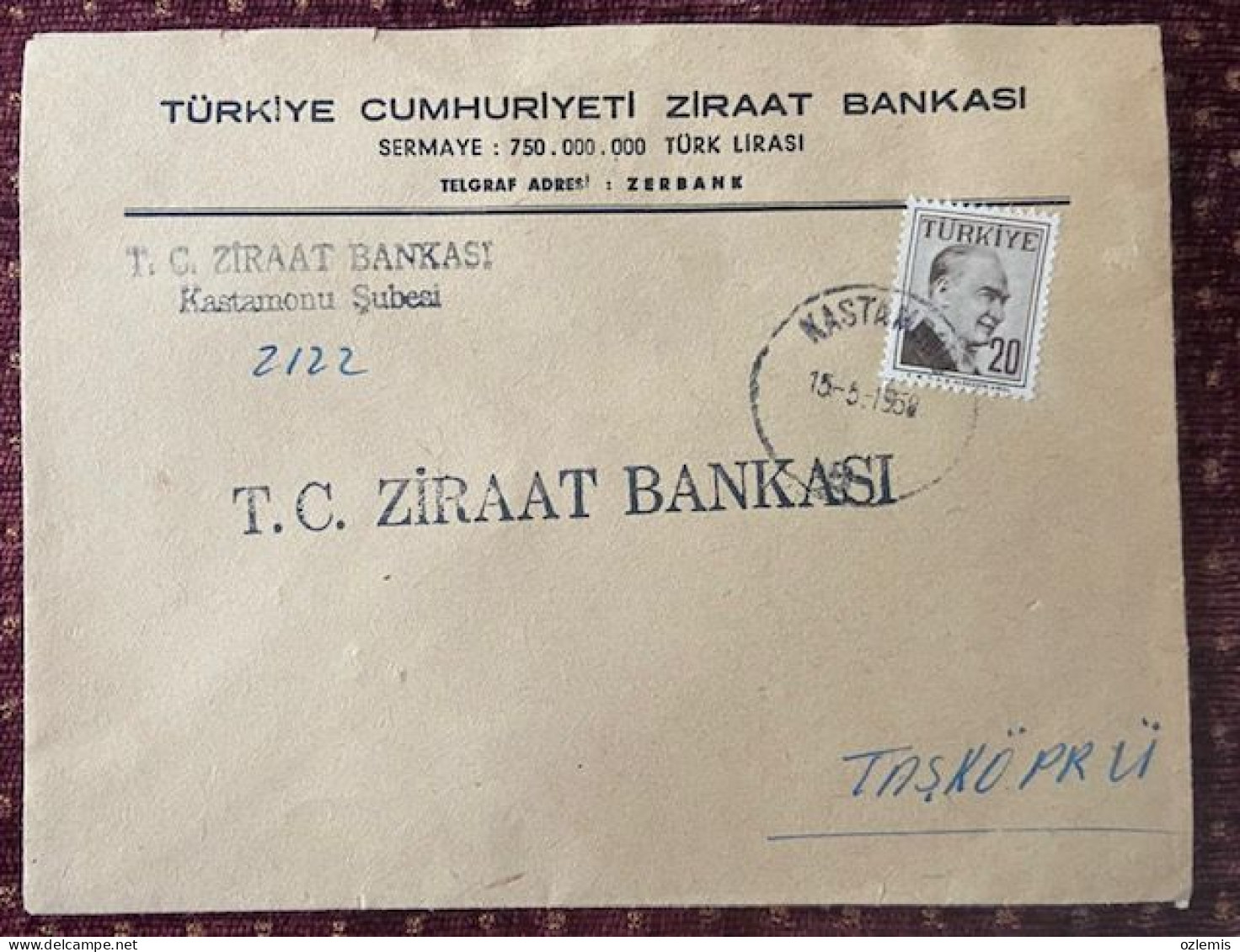 TURKEY,TURKEI,TURQUIE ,TURKIYE CUMHURIYETI  ZIRAAT BANKASI ,KASTAMONU  TO TASKOPRU ,1958 ,COVER - Covers & Documents