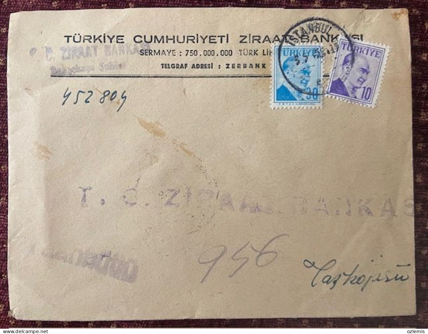 TURKEY,TURKEI,TURQUIE ,TURKIYE CUMHURIYETI  ZIRAAT BANKASI ,ISTANBUL  TO TASKOPRU ,1958 ,COVER - Cartas & Documentos