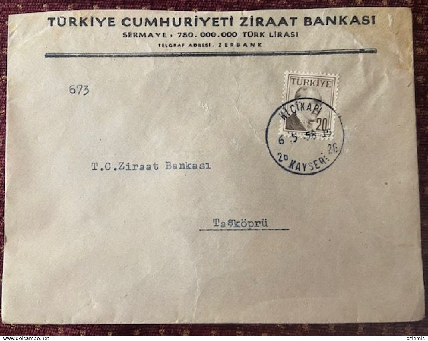 TURKEY,TURKEI,TURQUIE ,TURKIYE CUMHURIYETI  ZIRAAT BANKASI ,KAYSERI  TO TASKOPRU ,1958 ,COVER - Storia Postale