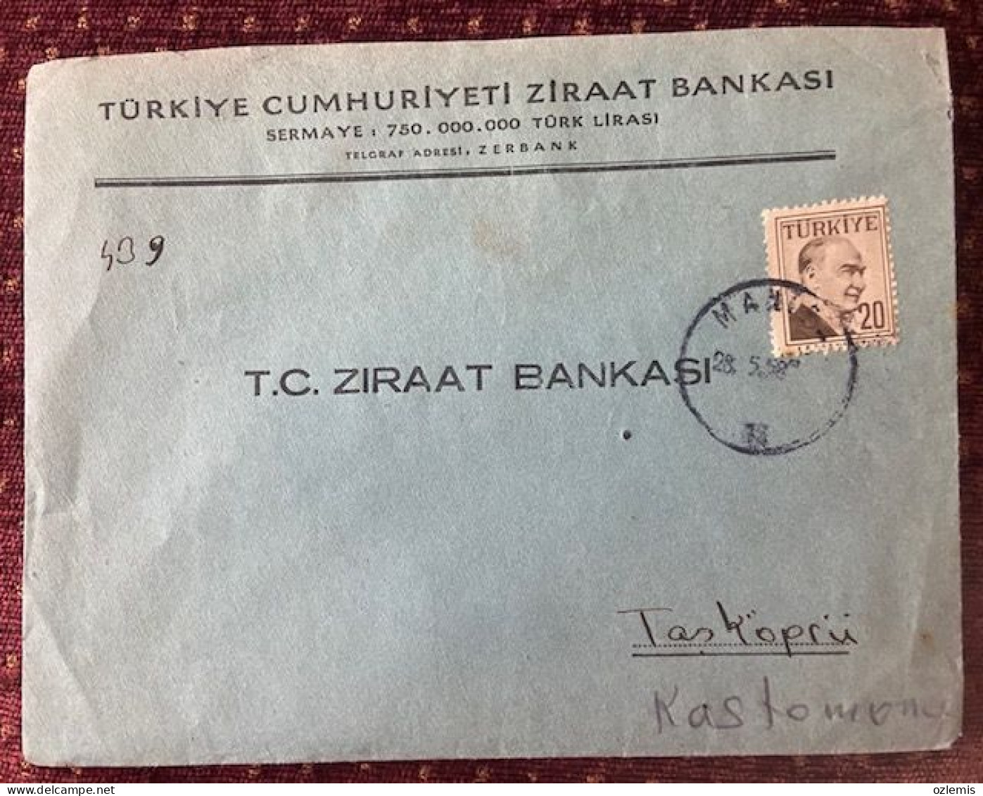 TURKEY,TURKEI,TURQUIE ,TURKIYE CUMHURIYETI  ZIRAAT BANKASI ,MANISA  TO TASKOPRU ,1958 ,COVER - Covers & Documents