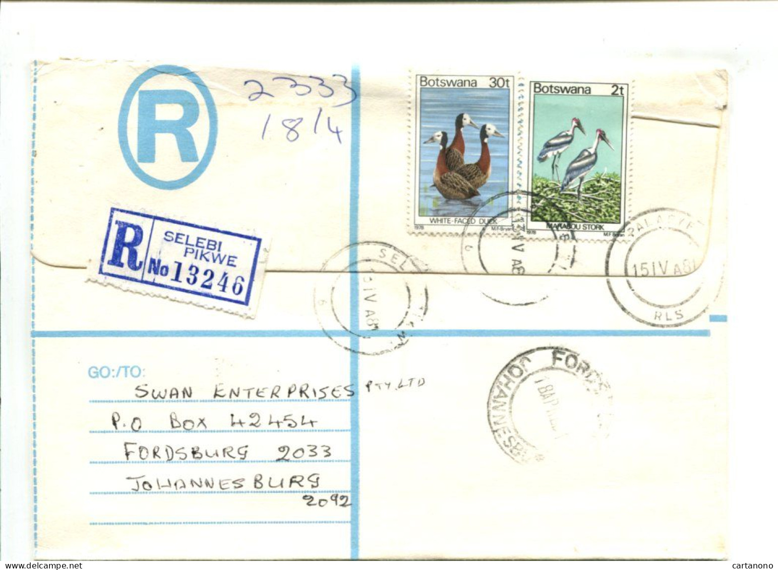 BOTSWANA -  Affranchissement Sur Lettre Recommandée Par Avion - Oiseaux - Botswana (1966-...)