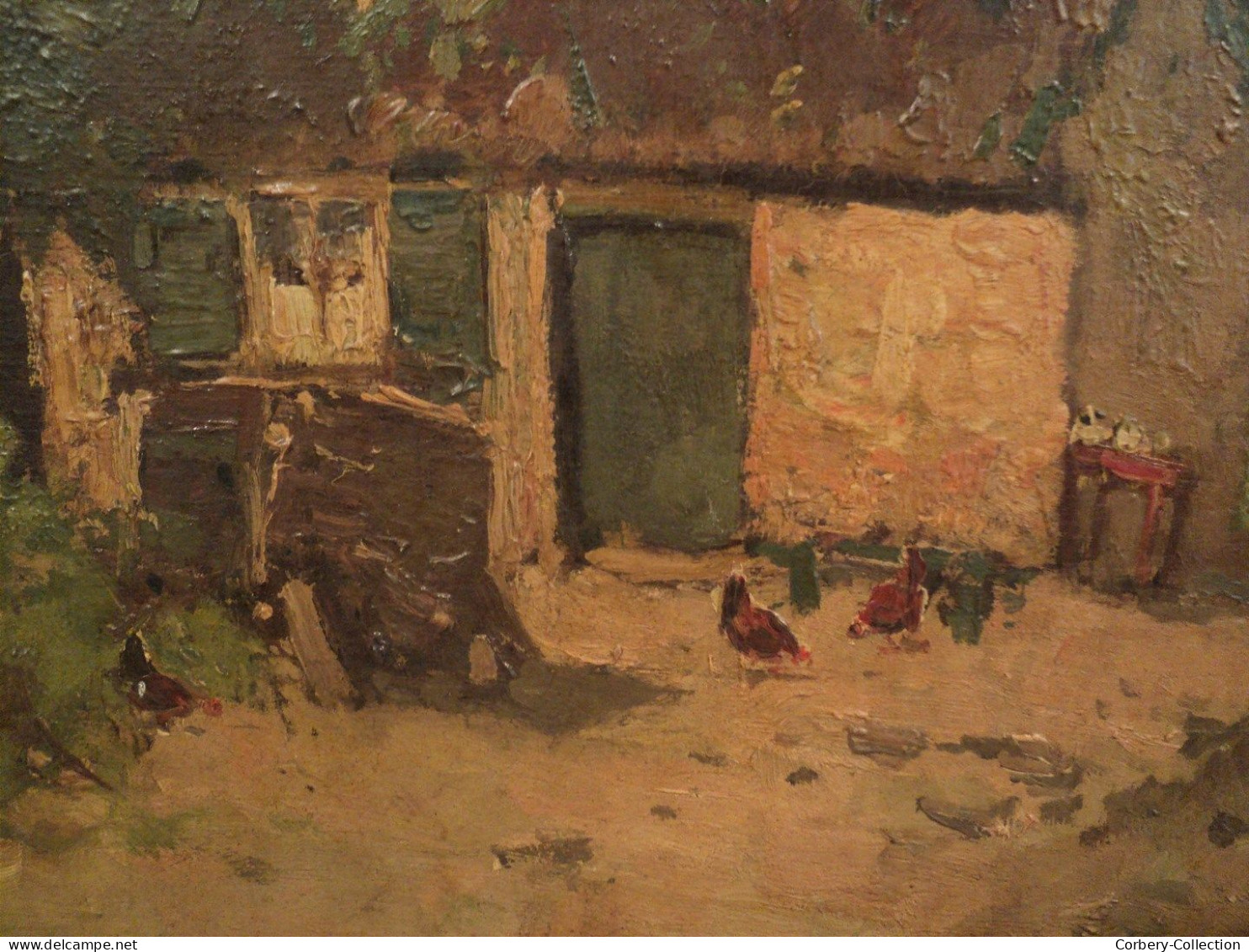 Ancien Tableau Paysage Ferme Poules Barbizon XIXème