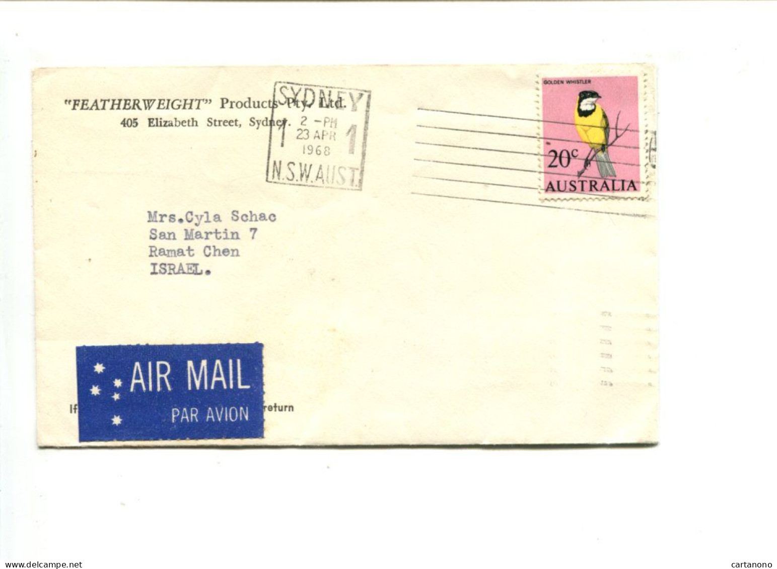 AUSTRALIE -  Affranchissement Sur Lettre Par Avion Pour Israël - Oiseau - Postmark Collection