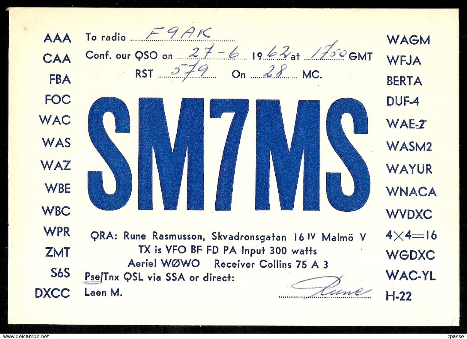 1962 Carte QSL SWEDEN SVERIGE Rune Rasmusson, Skvadronsgatan MALMÖ - SM7MS - Sonstige & Ohne Zuordnung