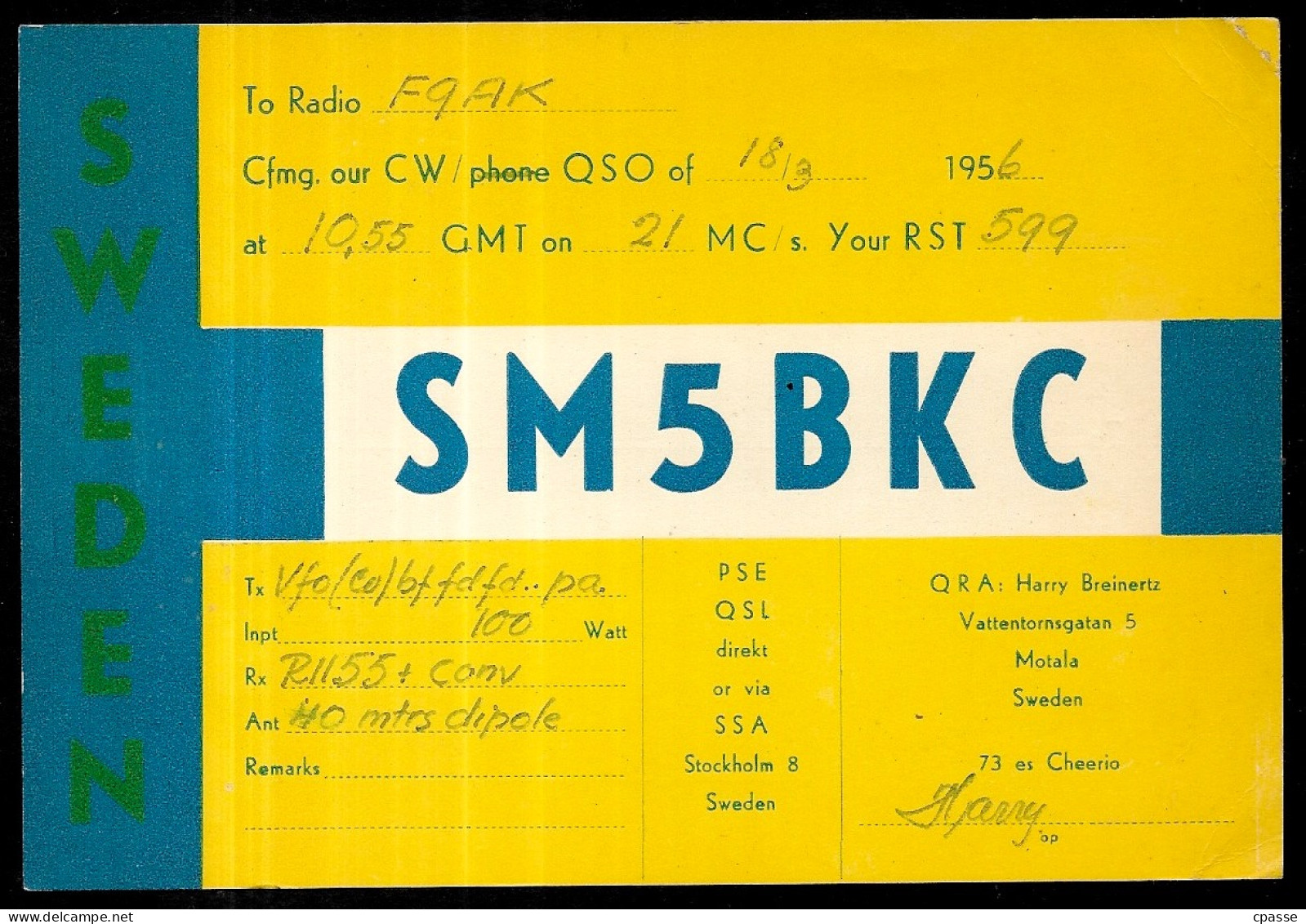 1956 Carte QSL SWEDEN SVERIGE Harry BREINERTZ Motala - SM5BKC - Sonstige & Ohne Zuordnung