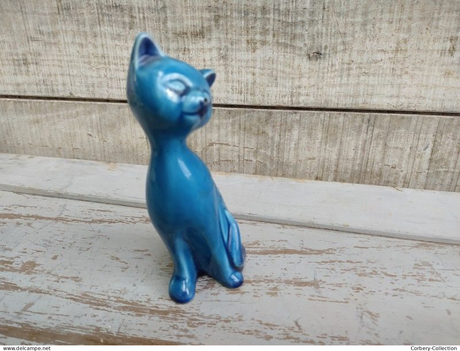 Statue Chat Porcelaine Émail Turquoise - Andere & Zonder Classificatie