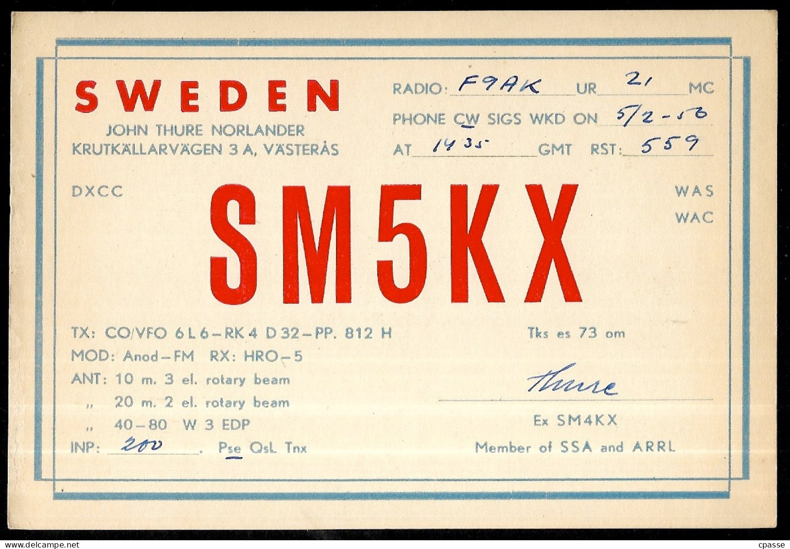 1956 Carte QSL SWEDEN SVERIGE - JOHN THURE NORLANDER, VÄSTERAS - SM5KX - Andere & Zonder Classificatie