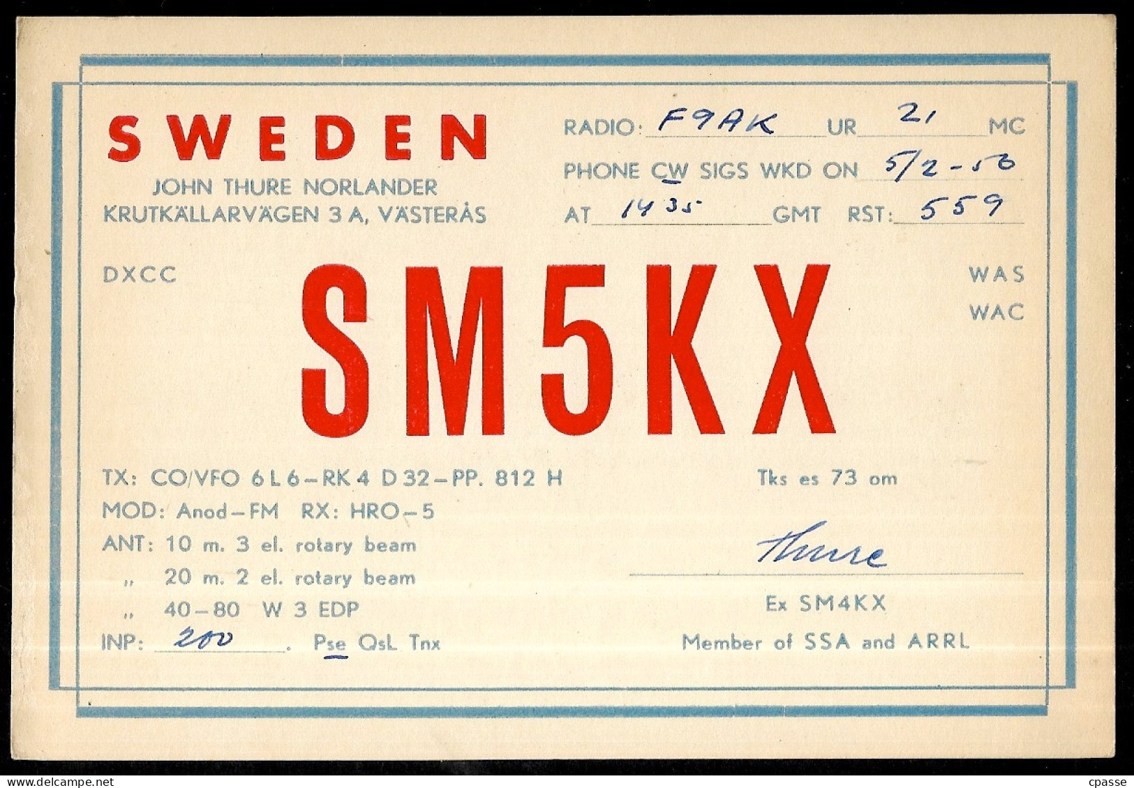 1956 Carte QSL SWEDEN SVERIGE - JOHN THURE NORLANDER, VÄSTERAS - SM5KX - Altri & Non Classificati