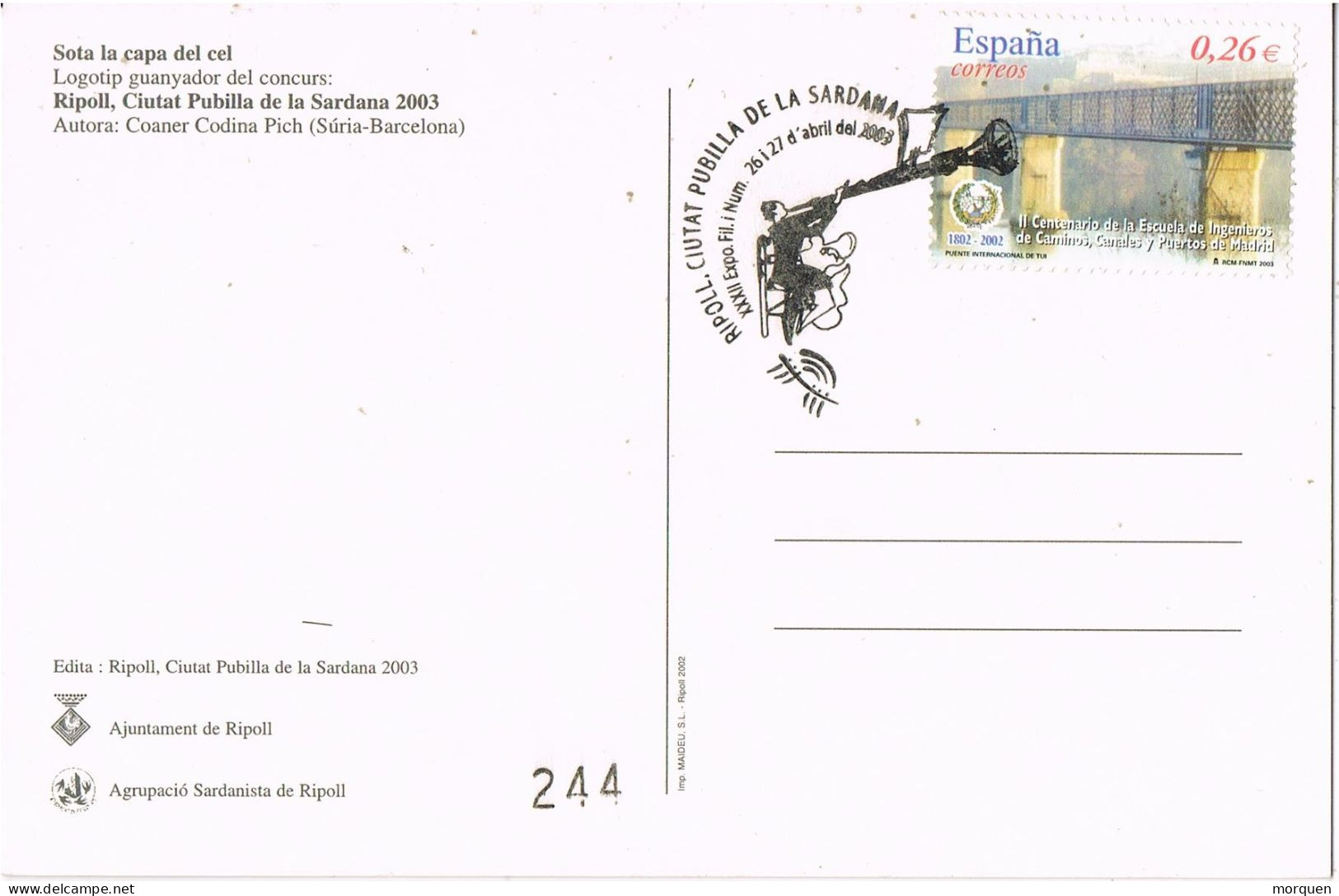 51857. Postal RIPOLL (Gerona) 2003. Ciutat Pubilla De La Sardana. Logotipo - Storia Postale