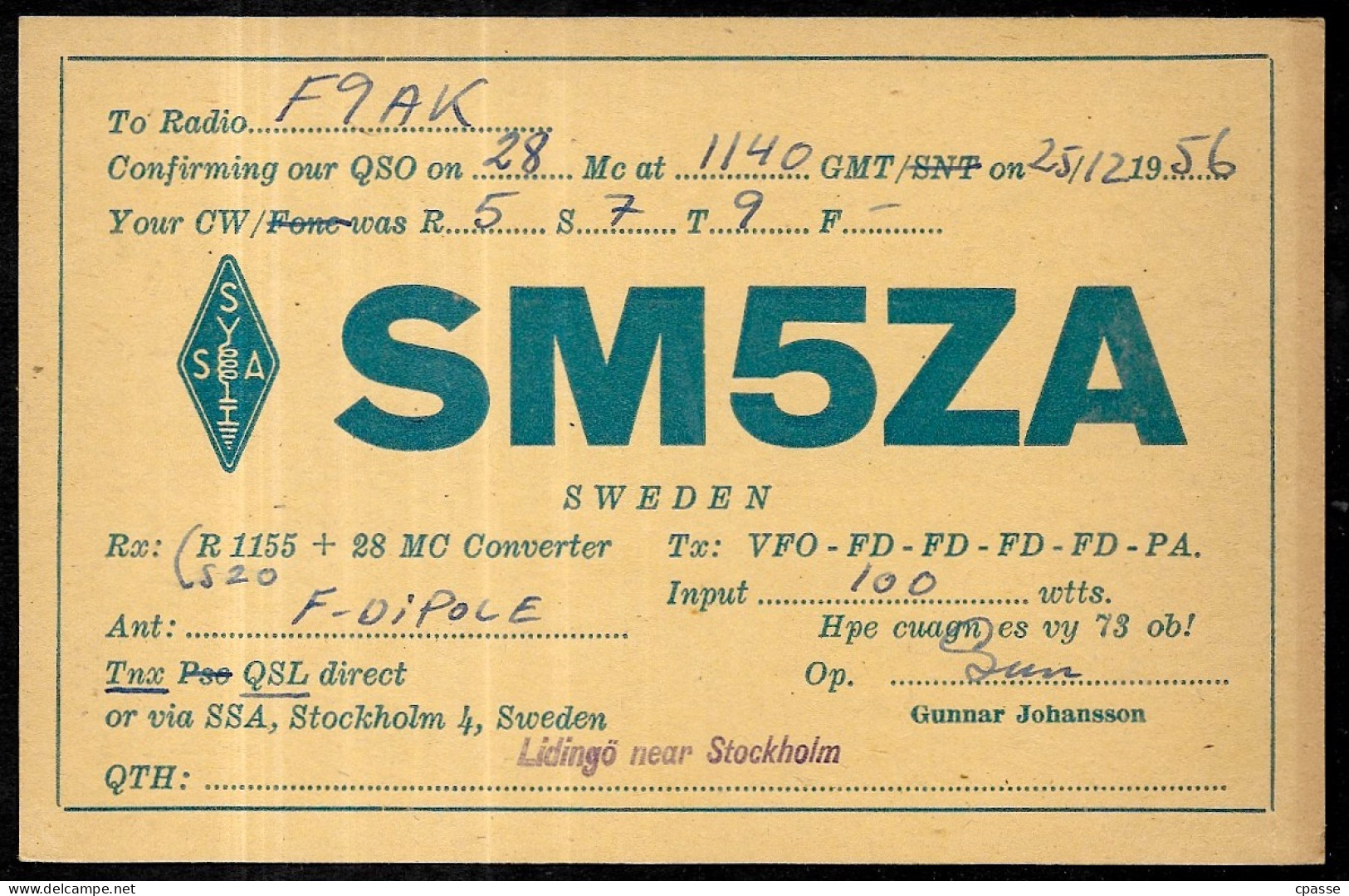 1956 Carte QSL SWEDEN SVERIGE - Gunnar JOHANSSON - LIDINGO Near Stockholm - SM5ZA - Other & Unclassified