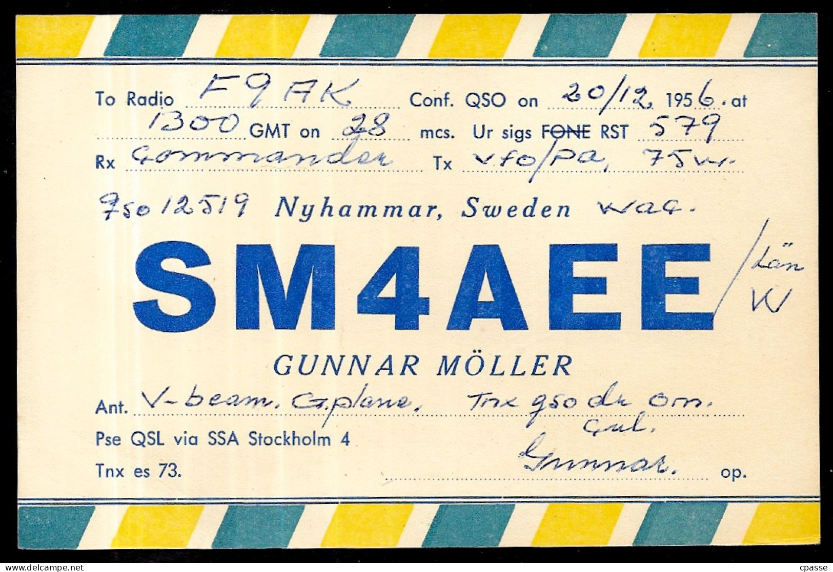 1956 Carte QSL SWEDEN SVERIGE - Gunnar MÖLLER - Nyhammar - SM4AEE - Sonstige & Ohne Zuordnung