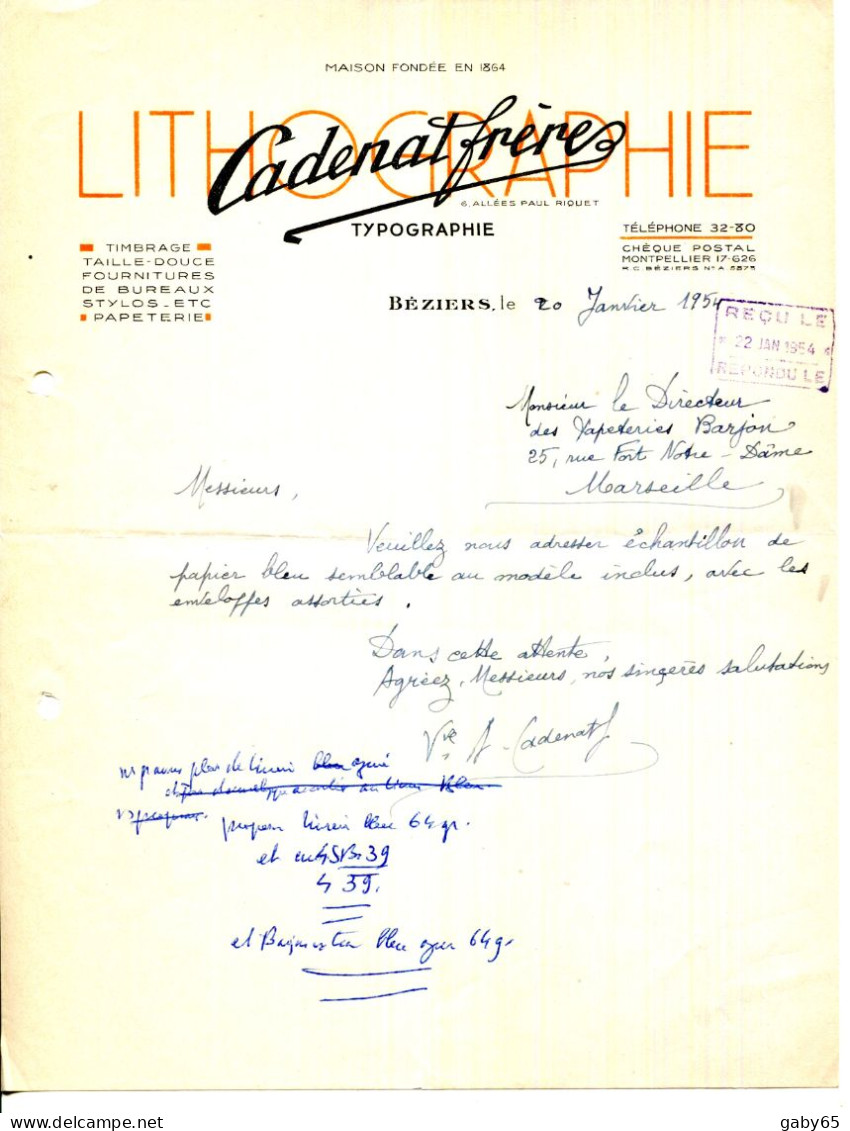 FACTURE.34.BEZIERS.LITHOGRAPHIE.TIPOGRAPHIE.TAILLE DOUCE.TIMBRAGE.CADENAT FRERES 6 ALLÉES PAUL RIQUET. - Druck & Papierwaren