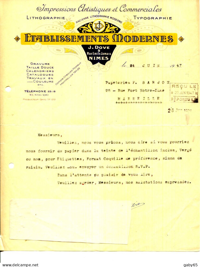 FACTURE.30.GARD.NIMES.IMPRESSIONS ARTISTIQUES.LITHOGRAPHIE.TYPOGRAPHIE.Ets.MODERNES.J.DOVE 9 RUE EMILE JAMAIS. - Imprenta & Papelería