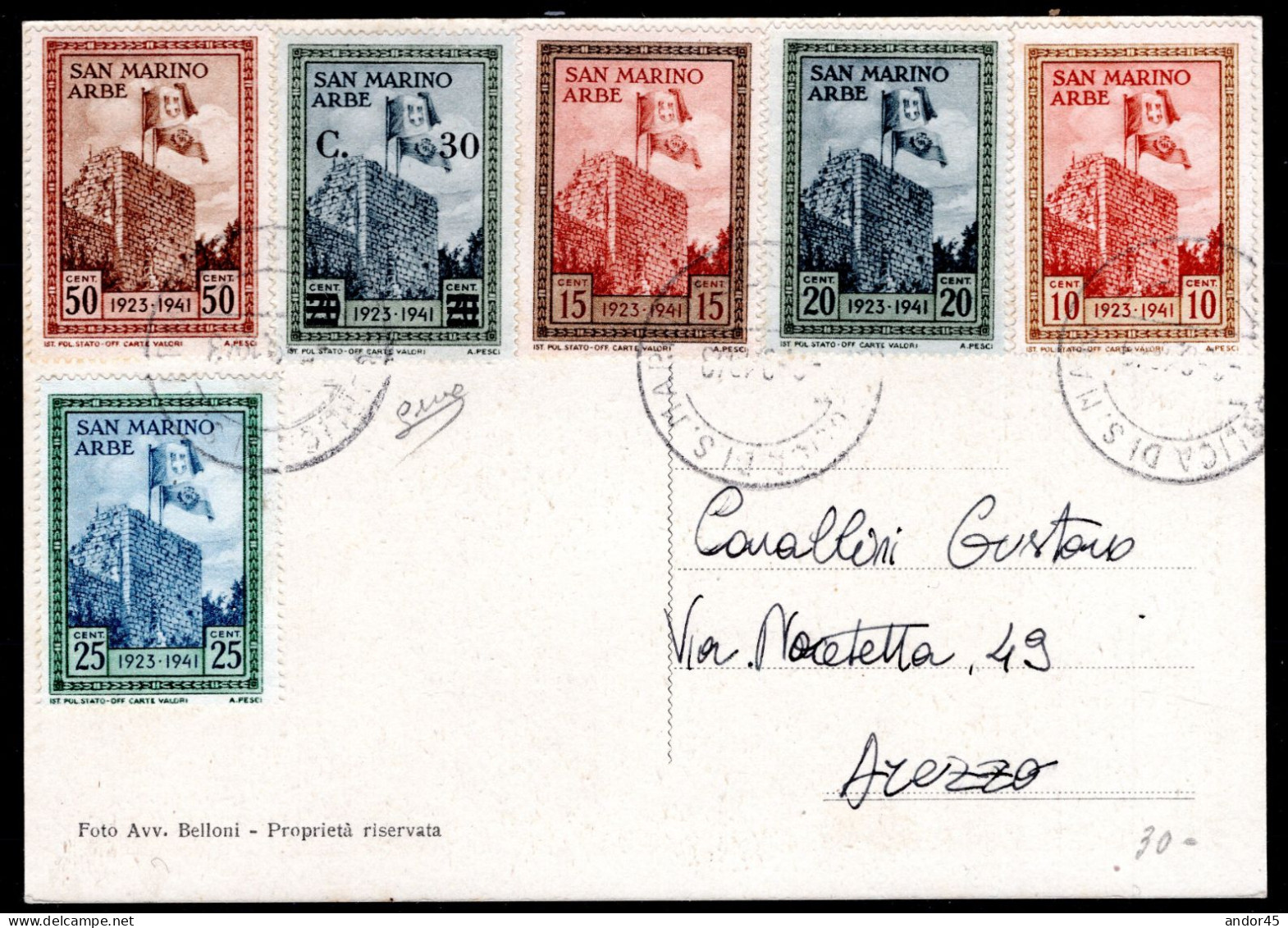 1943  C.10+15+20+25+50 + 30 C. SU 20C.  SASS.215/219+226 DELLA SERIE ARBE SU CARTOLINA DA SAN MARINO X AREZZO FIRMATO BI - Storia Postale