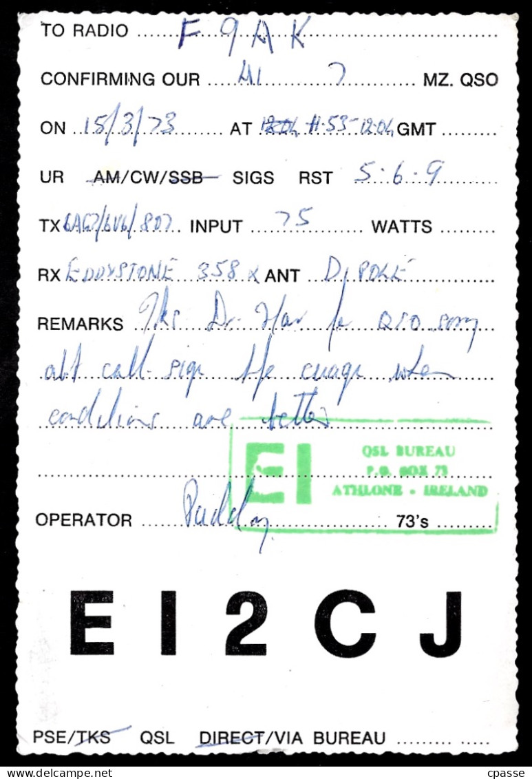 1973 Carte QSL IRELAND - P.J. DORAN - LEIGHLINBRIDGE Co CARLOW - EI2CJ - Otros & Sin Clasificación