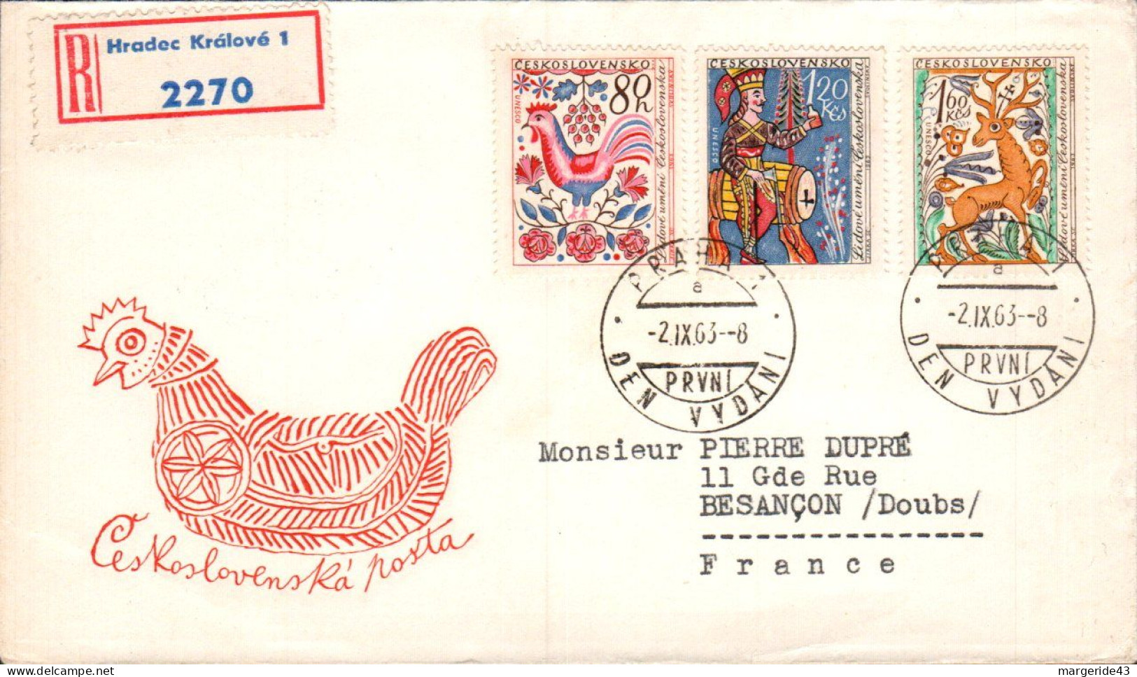 TCHECOSLOVAQUIE SERIE LETTRES FDC RECOMMANDEE "UNESCO" POUR LA FRANCE 1963 - Storia Postale