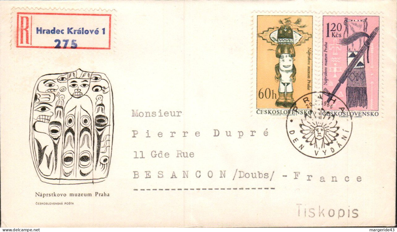 TCHECOSLOVAQUIE LETTRE FDC RECOMMANDEE "MUSEE ETHNOLOGIQUE" POUR LA FRANCE 1966 - Cartas & Documentos