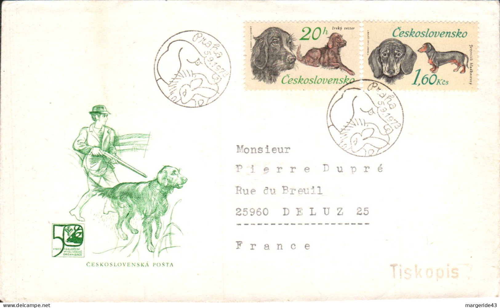 TCHECOSLOVAQUIE LETTRE FDC "CHIENS DE CHASSE" POUR LA FRANCE 1973 - Briefe U. Dokumente