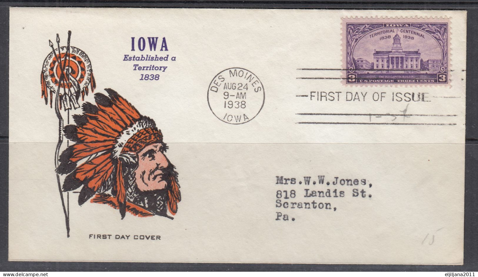 SALE !! 50 % OFF !! ⁕ USA 1938 DES MOINES ⁕ FDC Cover IOWA Established A Territory 1838 - 1851-1940