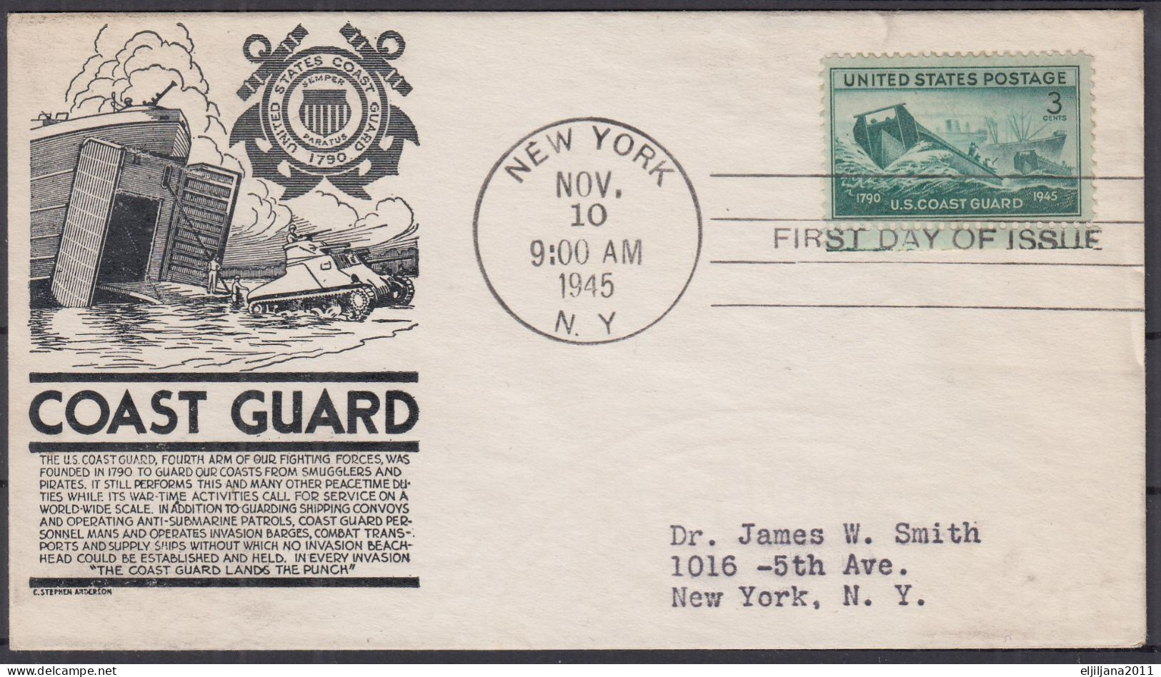 SALE !! 50 % OFF !! ⁕ USA 1945 New York ⁕ COAST GUARD 3c. ⁕ FDC Cover - 1941-1950