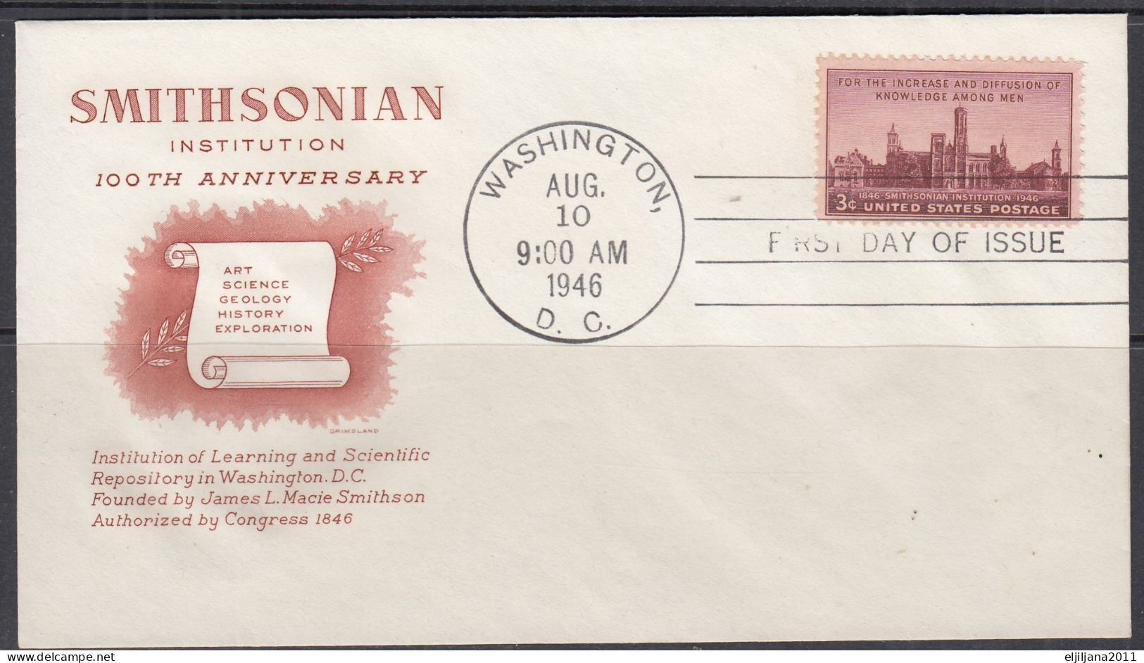 SALE !! 50 % OFF !! ⁕ USA 1946 Washington ⁕ 100th SMITHSONIAN Institution 3c. ⁕ 2v FDC Covers - 1941-1950