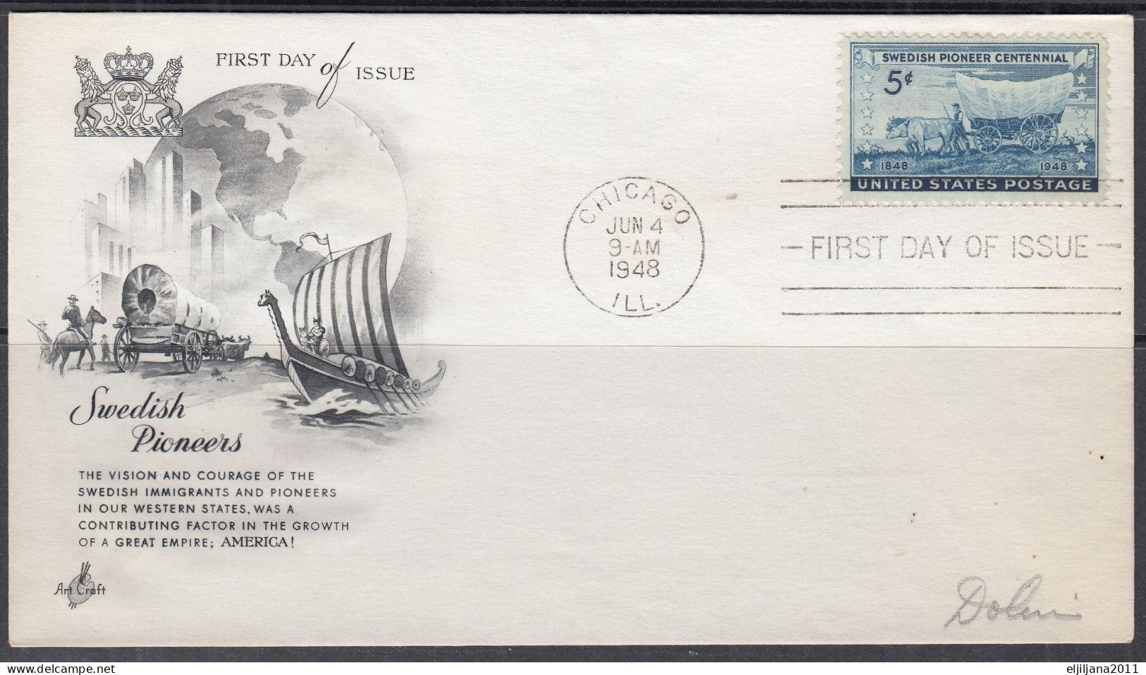 SALE !! 50 % OFF !! ⁕ USA 1948 Chicago ⁕ SWEDISH PIONEER Centennial 3c. ⁕ FDC Cover - 1941-1950