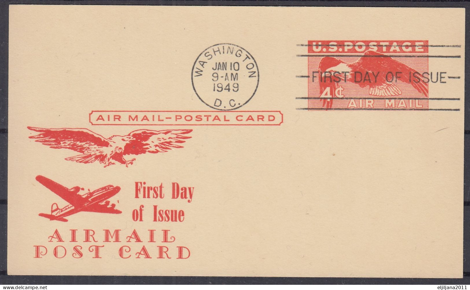 SALE !! 50 % OFF !! ⁕ USA 1949 ⁕ Air Mail 4c. Eagle In Flight ⁕ FDC Stationery Postcard / Washington - 1941-1950