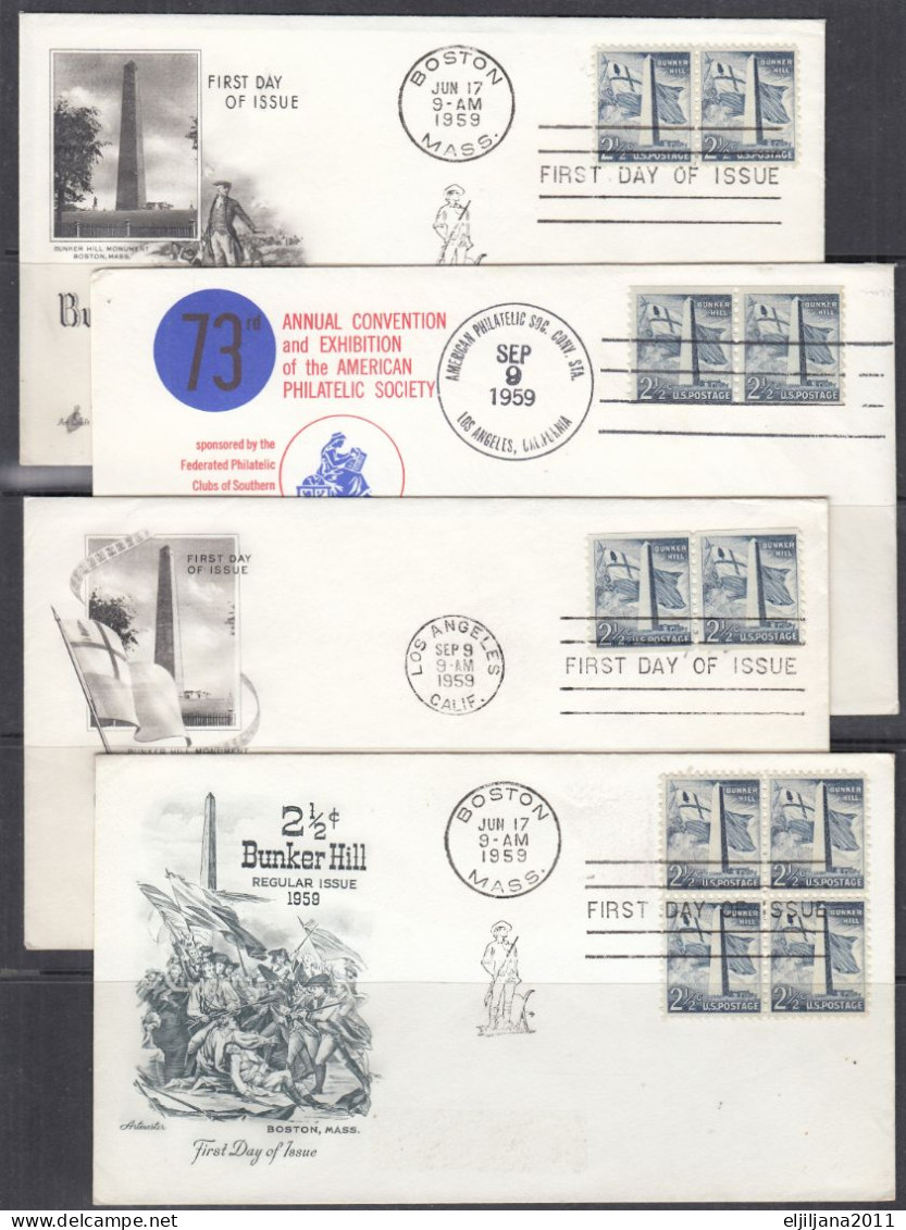 SALE !! 50 % OFF !! ⁕ USA 1959 ⁕ 2½ C. Bunker Hill ⁕ 4v FDC Covers Boston & Los Angeles - 1951-1960