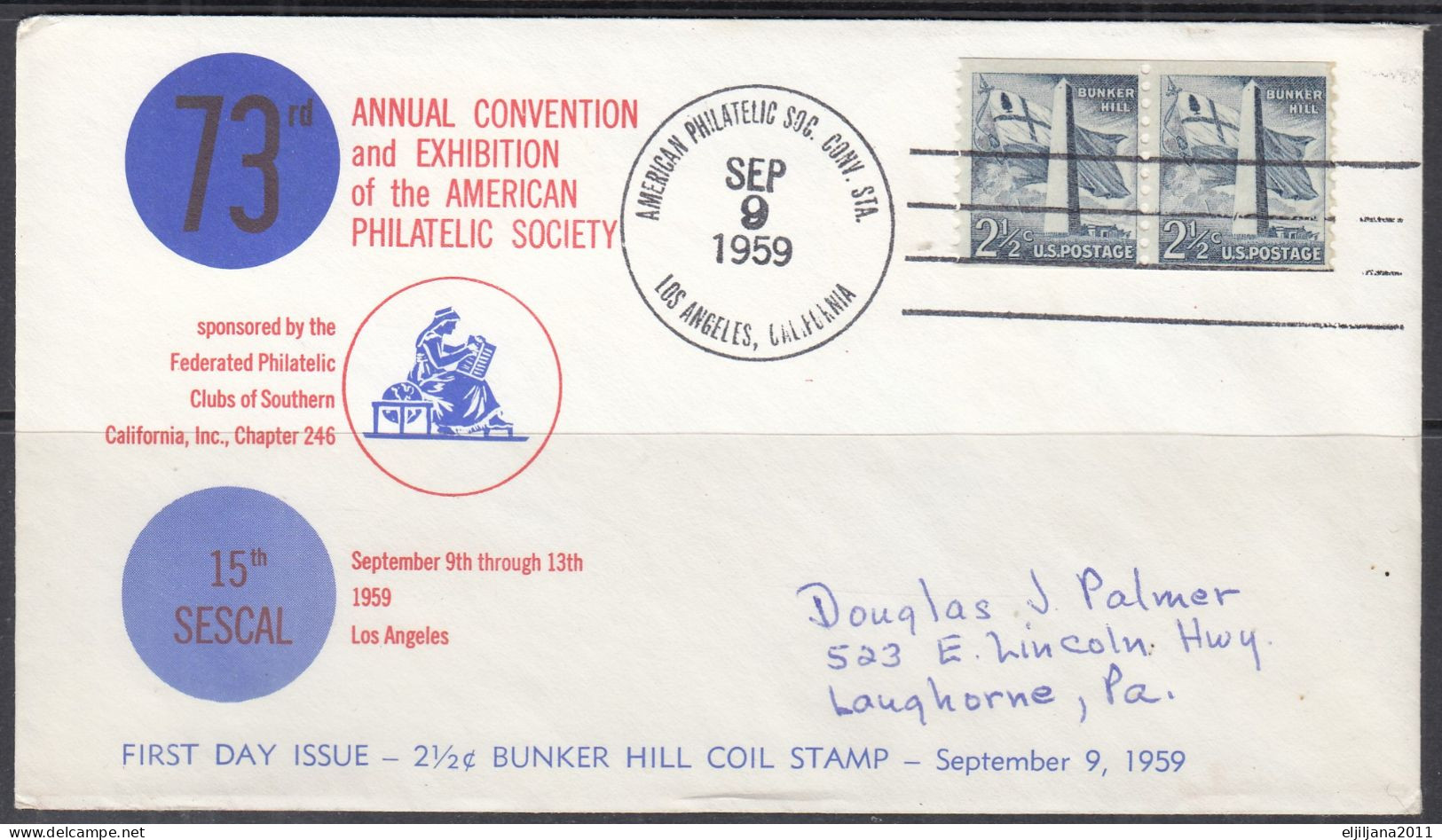 SALE !! 50 % OFF !! ⁕ USA 1959 ⁕ 2½ C. Bunker Hill ⁕ 4v FDC Covers Boston & Los Angeles - 1951-1960